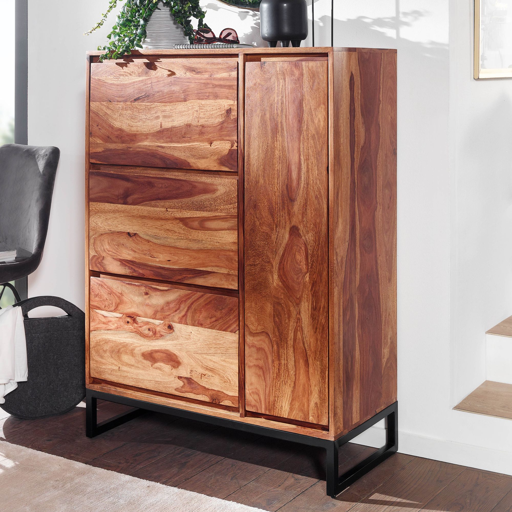 Massivholz Schuhschrank 90cm Sheesham Schuhkipper Schuhkommode f&uuml;r Garderobe Flur Schuhregal 