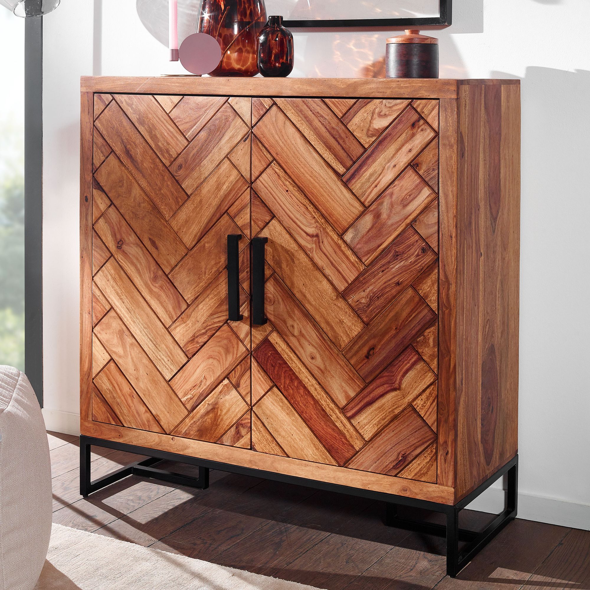 Massivholz Schuhschrank Sheesham 100cm Schuhkommode Garderobe Flur 