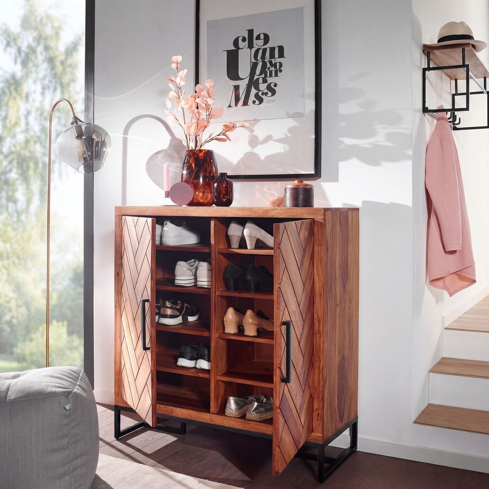 Massivholz Schuhschrank Sheesham 100cm Schuhkommode Garderobe Flur