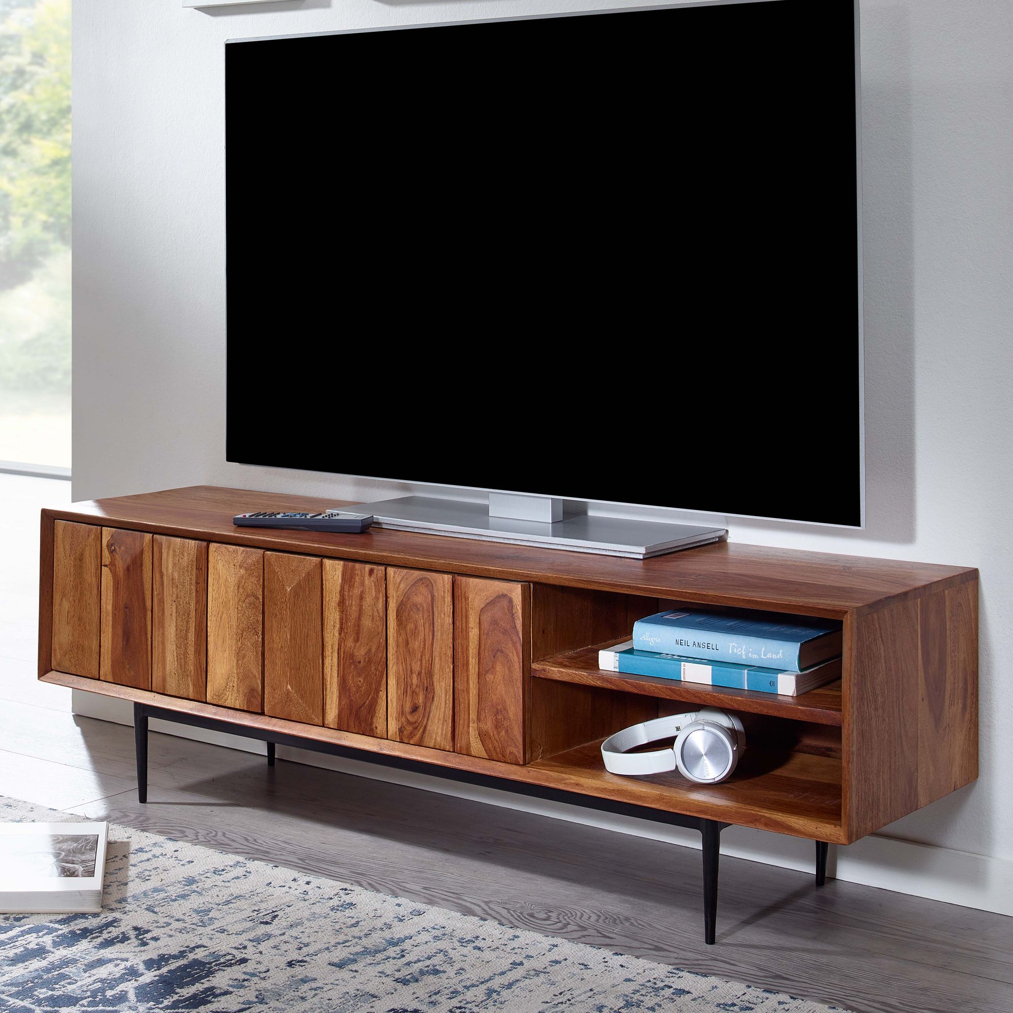 TV Schrank FineBuy Lowboard 123x42x35 cm Holz Fernsehkommode Fernsehschrank 