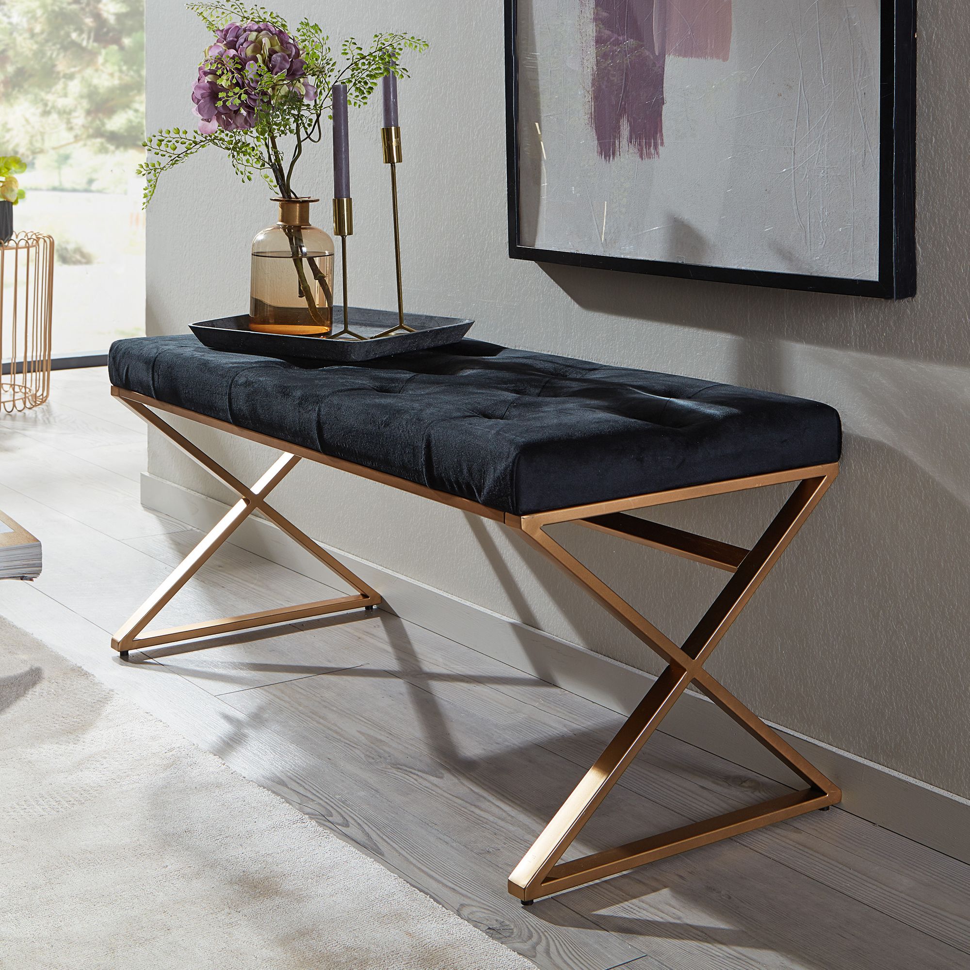 Sitzbank FineBuy Polsterbank Schwarz 90 cm Bettbank Chesterfield Flurbank Samt 