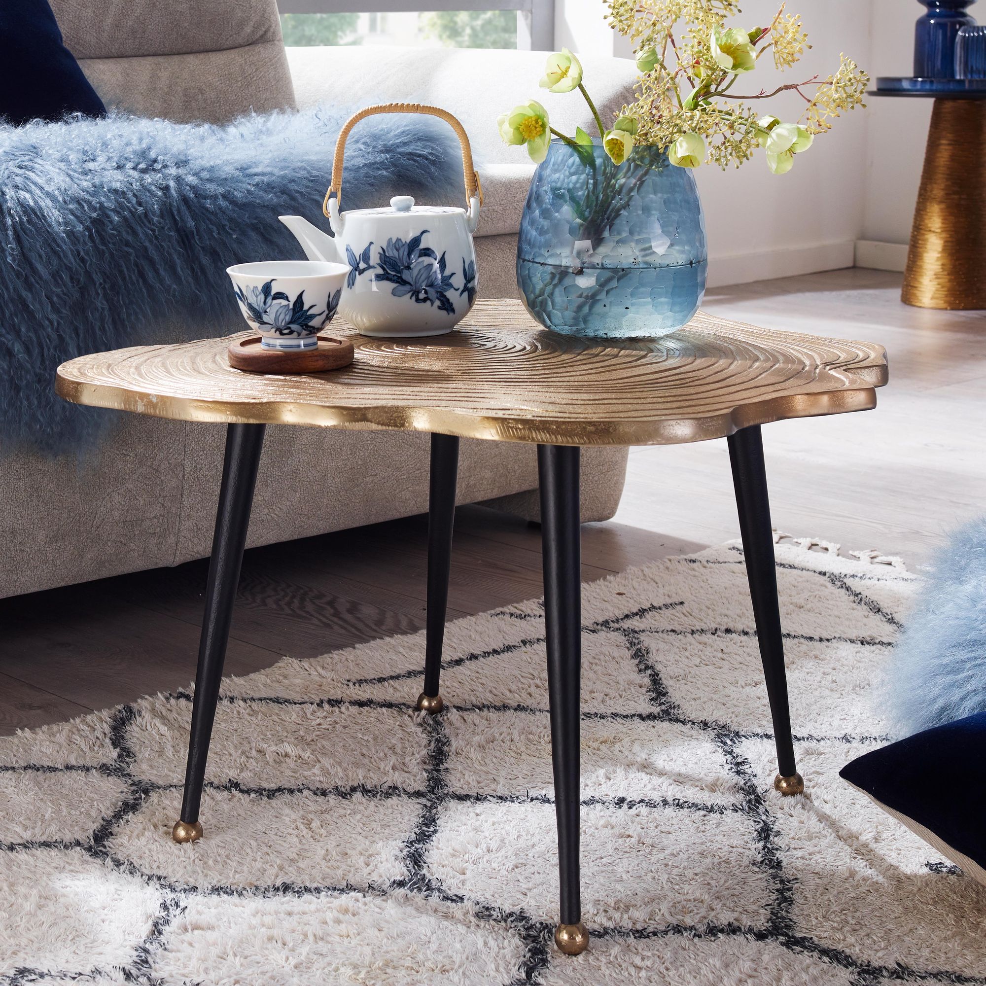 Couchtisch FineBuy Sofatisch Baumscheibe Metall 64x64x37 Tisch Wohnzimmertisch 