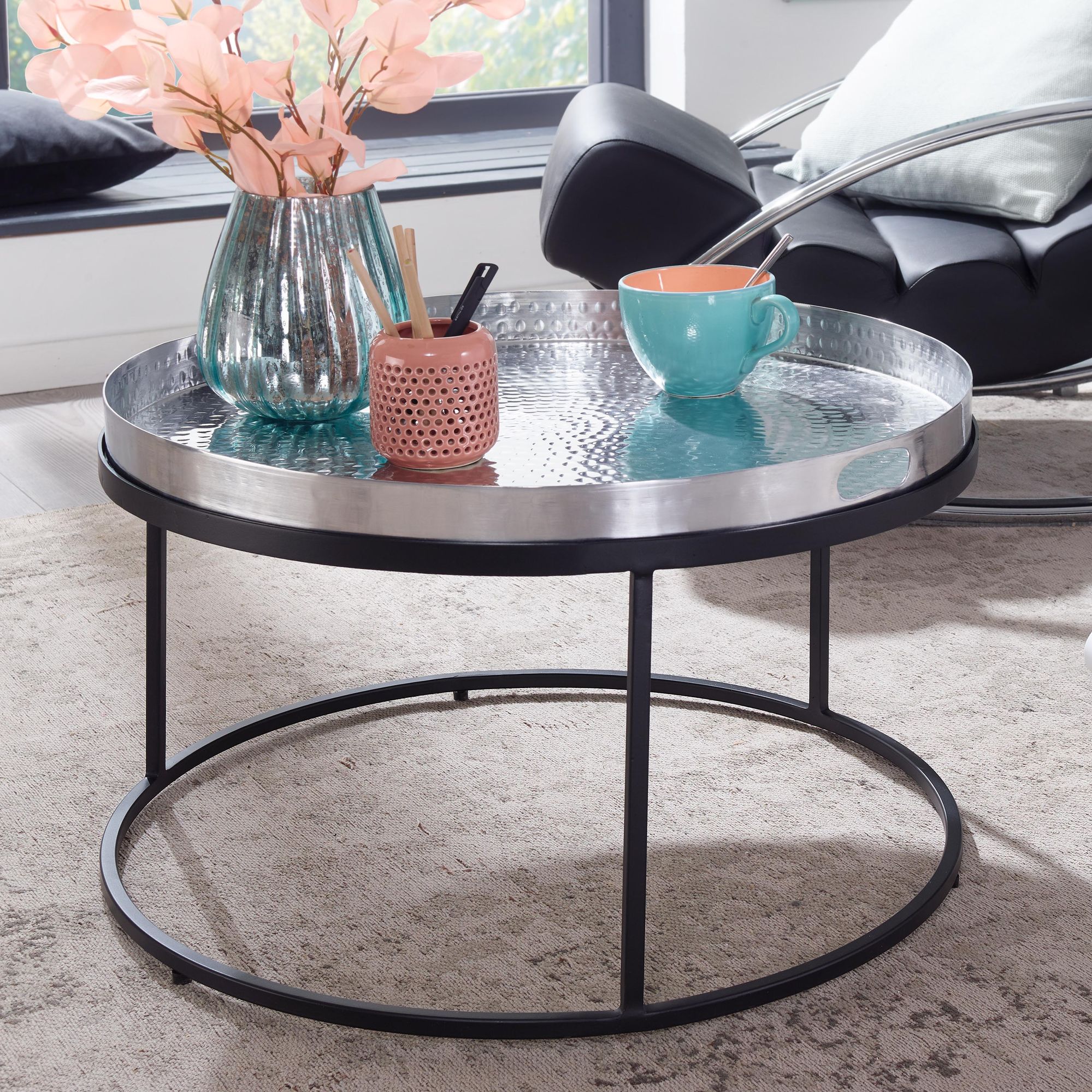 Couchtisch FineBuy Sofatisch Metall Hammerschlag &Oslash; 62 cm Wohnzimmertisch Tisch 