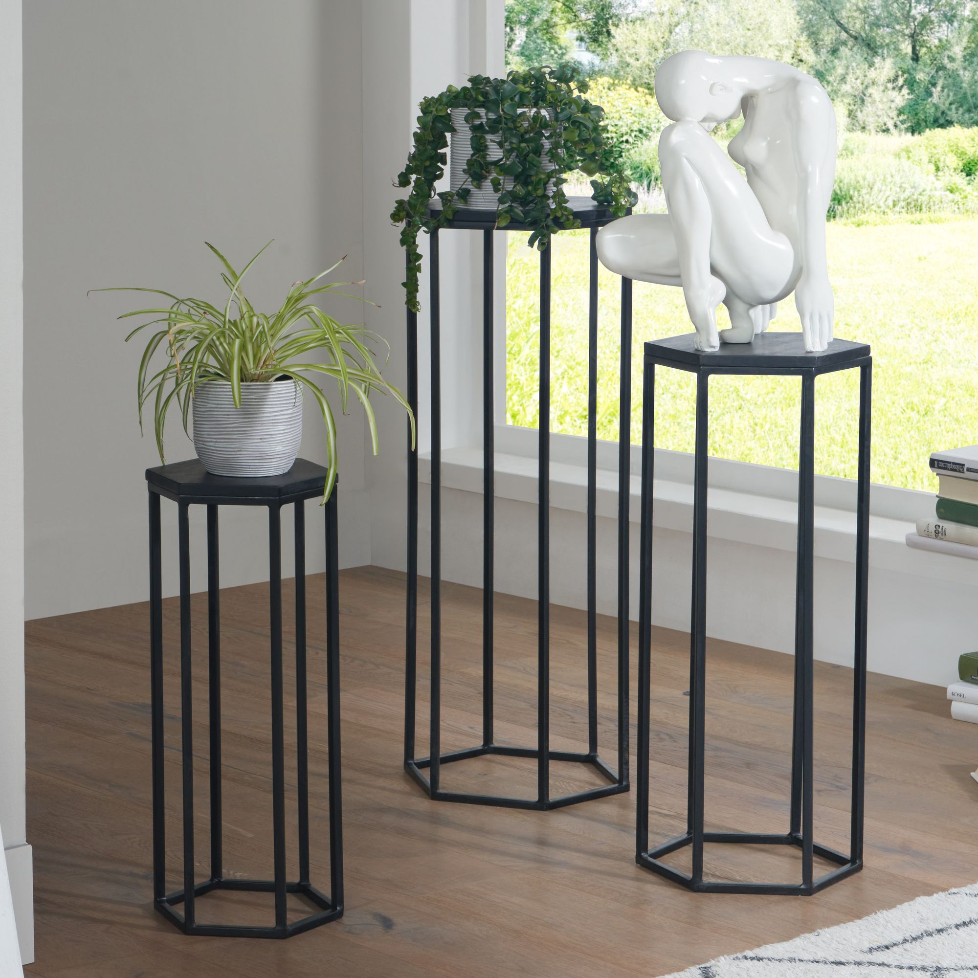 Satztisch FineBuy Massivholz Blumentisch 3er Set S&auml;ulentisch Dekos&auml;ule Eckig 