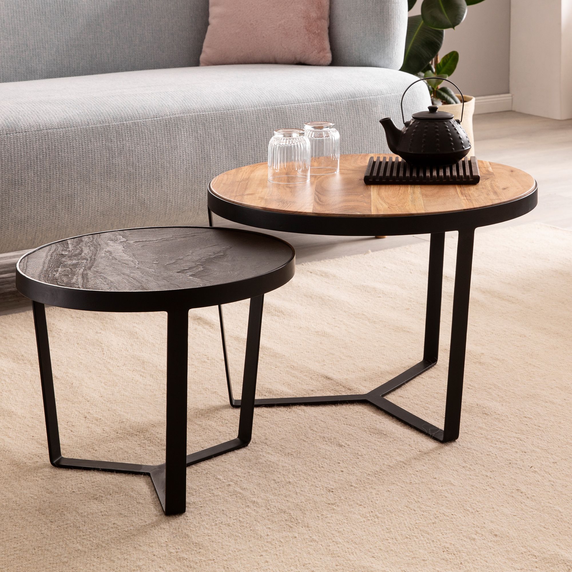 Couchtisch FineBuy Wohnzimmertisch 2er Set Rund Holz / Steinoptik Satztisch 