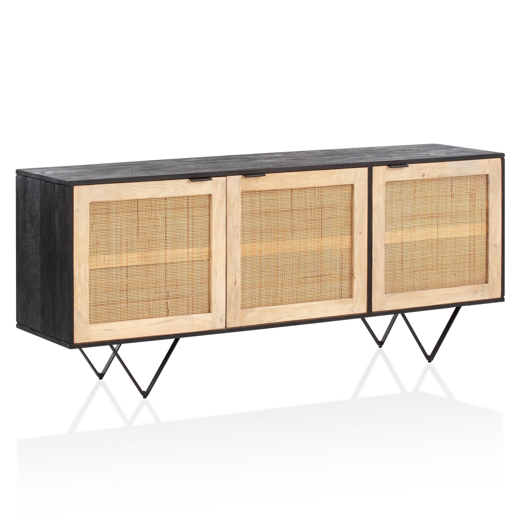 Massivholz Sideboard 175cm Mango Design Kommode mit 3 Rattan Wiener Geflecht T&uuml;ren Schwarz 