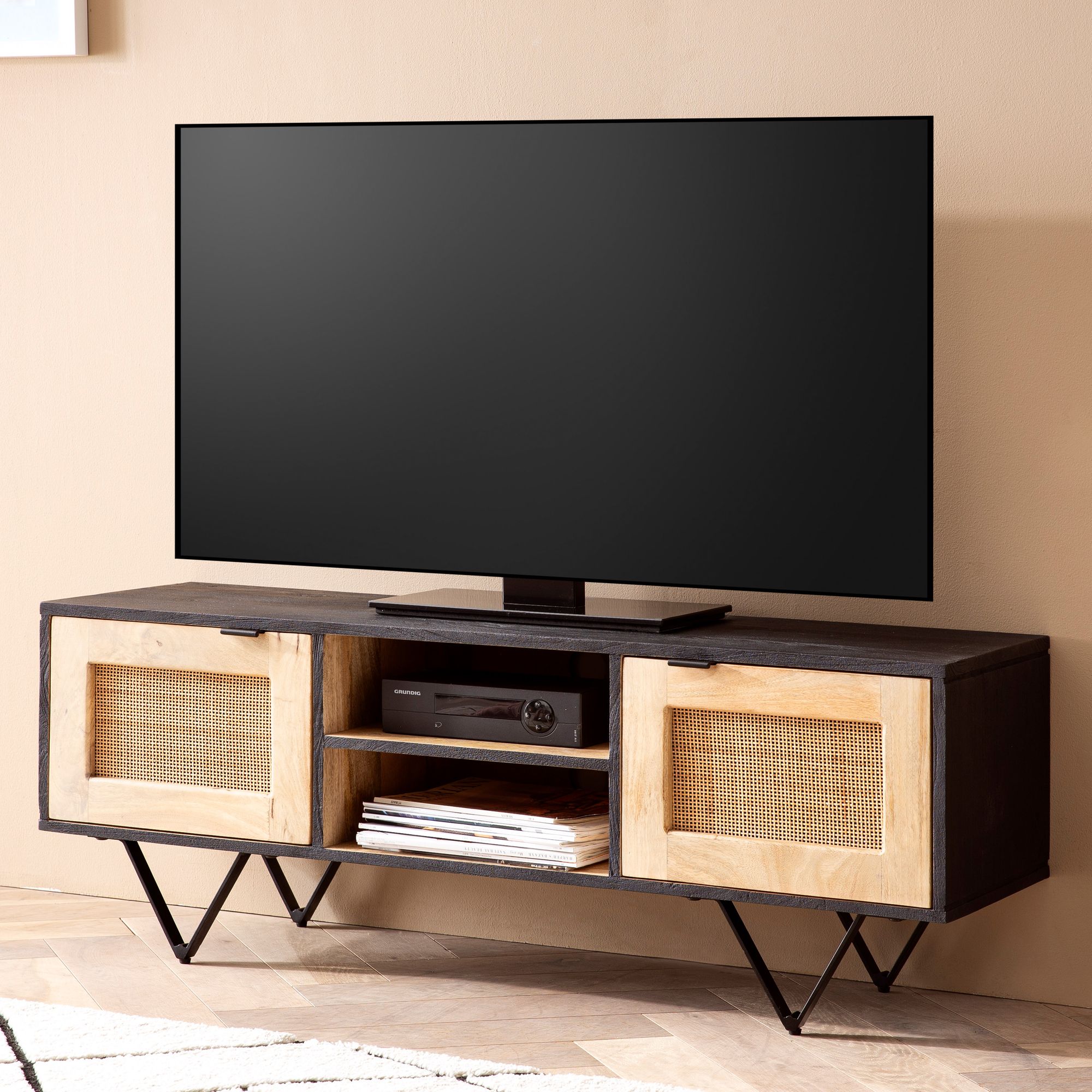 Massivholz TV-Board Kommode 120cm Wiener Geflecht Rattan Lowboard Fernsehschrank 
