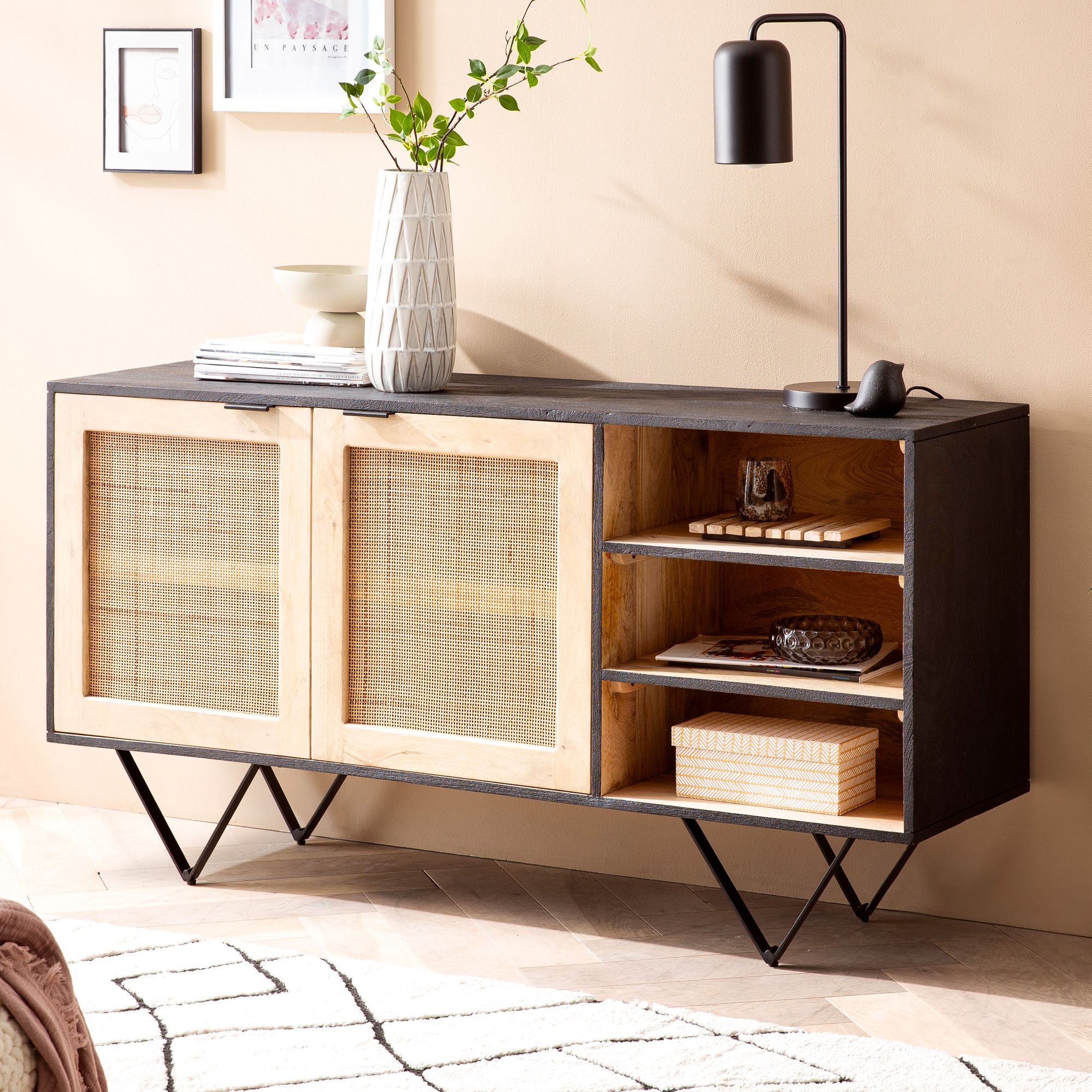 Massivholz Sideboard 145cm Mango Design Kommode mit 2 Rattan Wiener Geflecht T&uuml;ren & Ablage Schwarz 