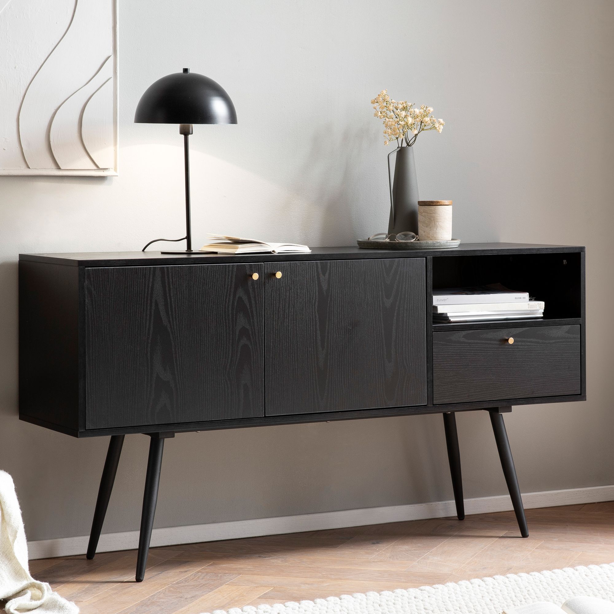 Sideboard FineBuy 140cm Eiche Dekor Schwarz mit 2 T&uuml;ren Schublade & Ablage Kommode 