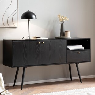 Sideboard FineBuy 140cm Eiche Dekor Schwarz mit 2 Türen Schublade & Ablage Kommode 