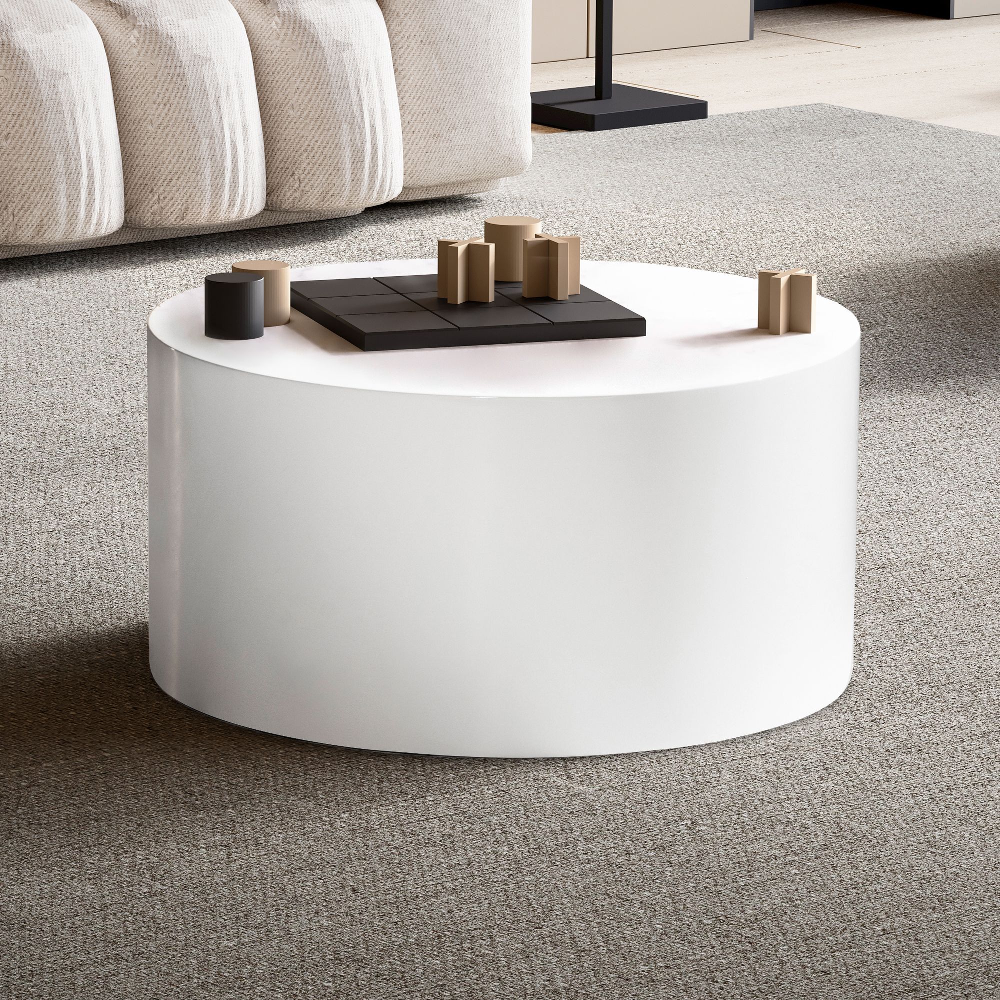 Couchtisch FineBuy Sofatisch MONOBLOC Wei&szlig; Hochglanz 60 cm Wohnzimmertisch Rund 