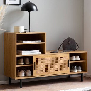 Schuhbank FineBuy Garderobe mit Sitzbank 120 cm Wiener Geflecht Schuhregal Eiche 