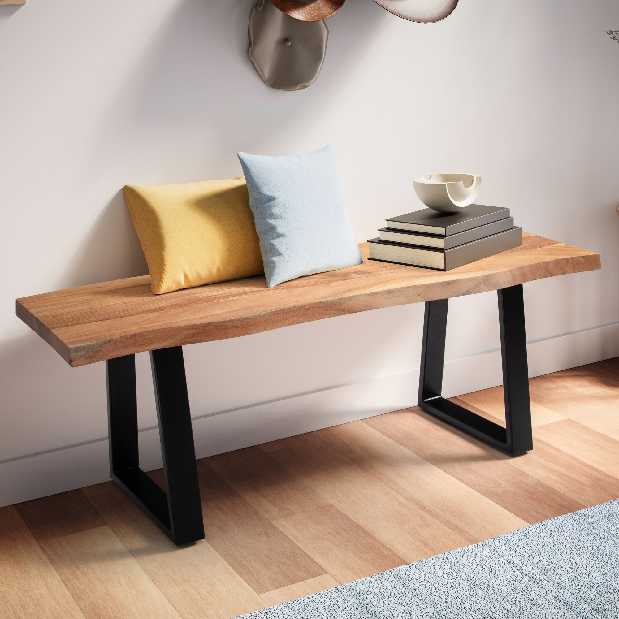 Garderobenbank FineBuy Sitzbank Akazie Massivholz 120 cm Baumkante Flurbank 