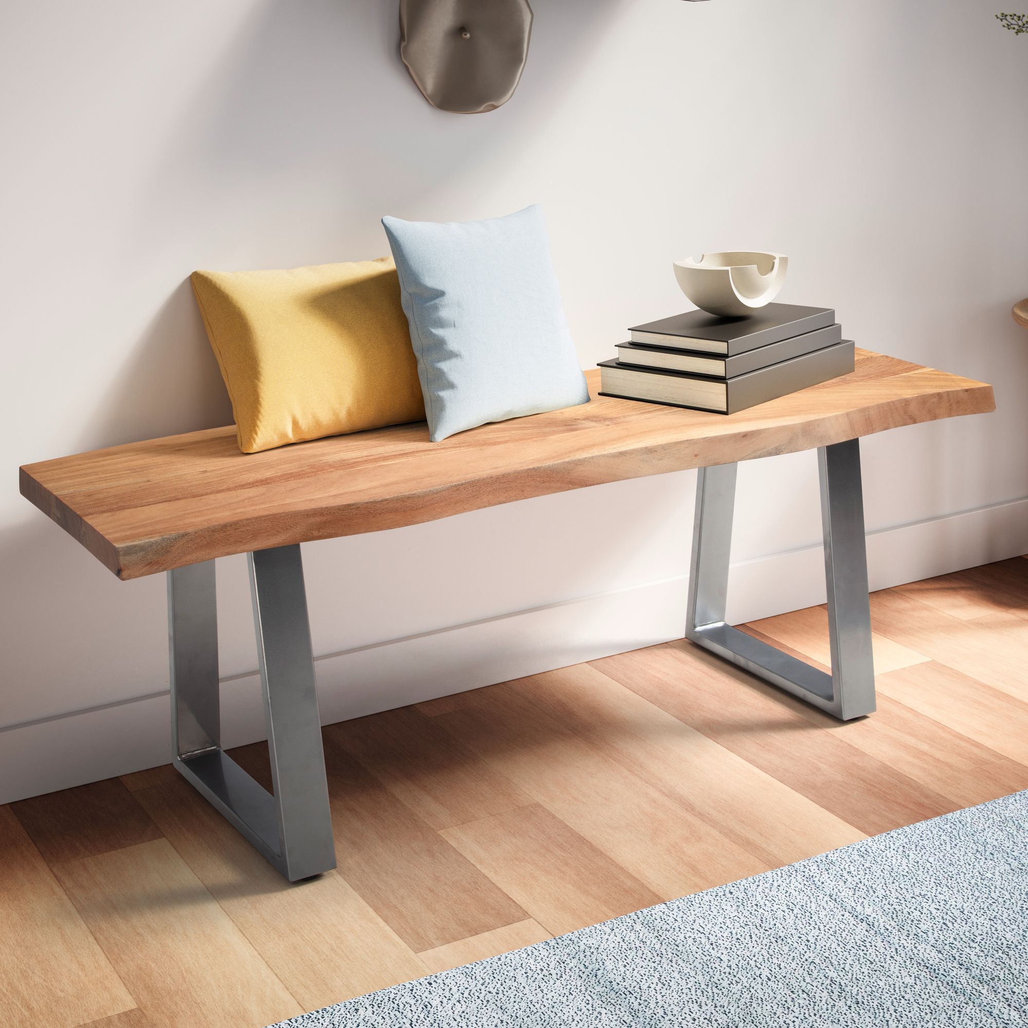 Garderobenbank FineBuy Sitzbank Akazie Massivholz 120 cm Baumkante Flurbank 