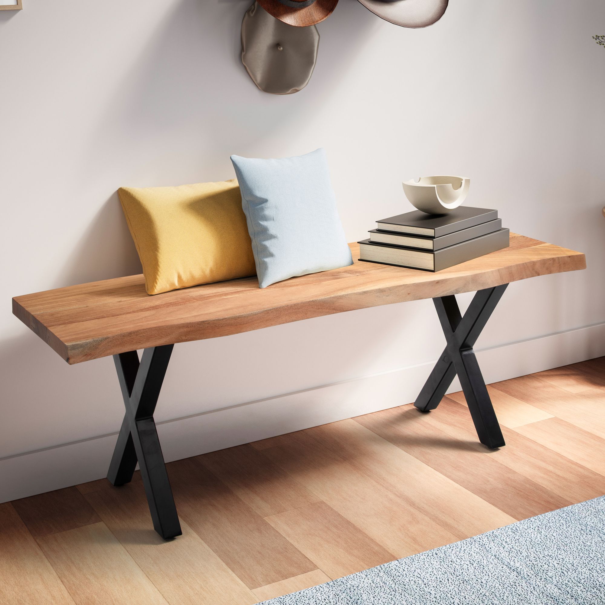 Garderobenbank FineBuy Sitzbank Akazie Massivholz 120 cm Baumkante Flurbank 