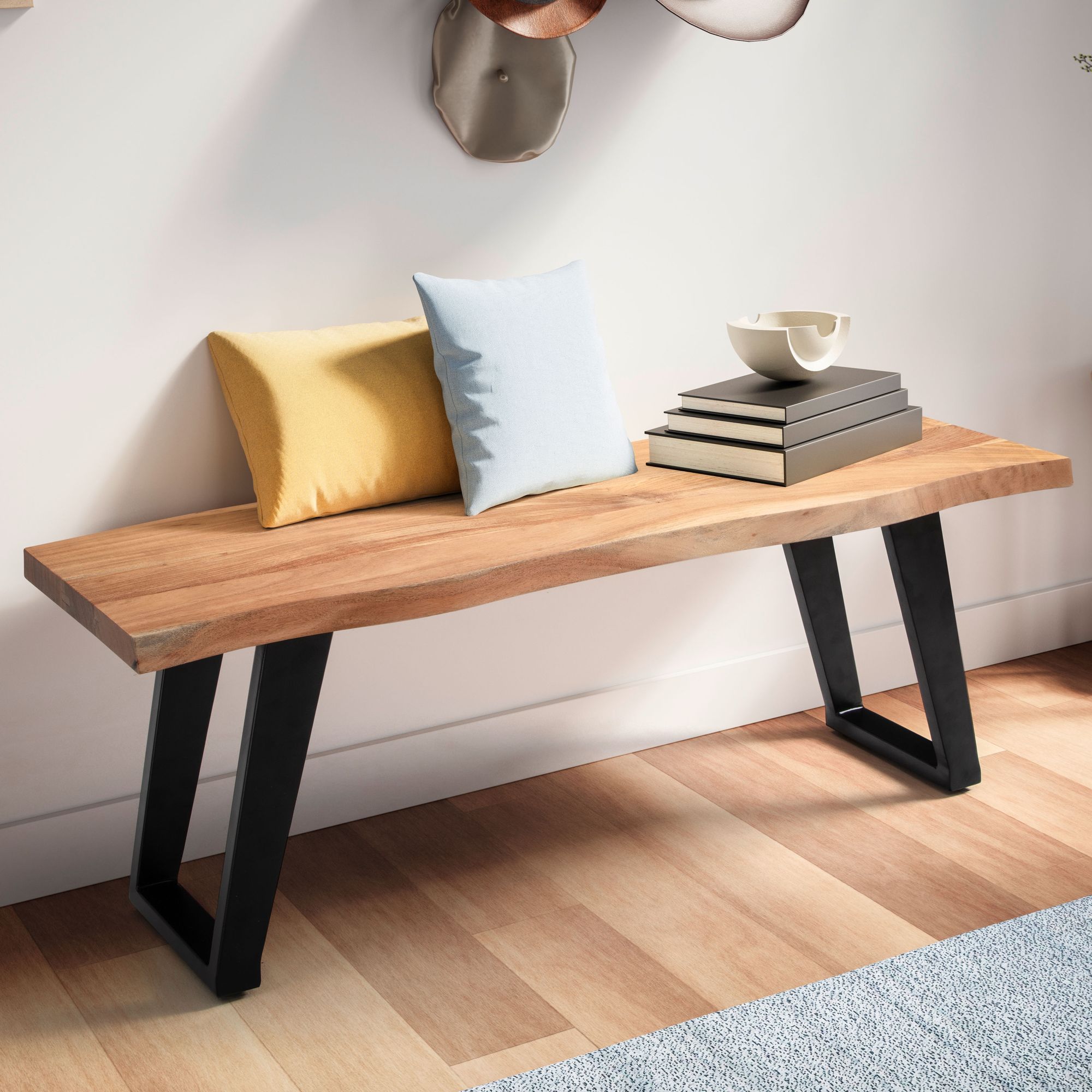 Garderobenbank FineBuy Sitzbank Akazie Massivholz 120 cm Baumkante Flurbank 