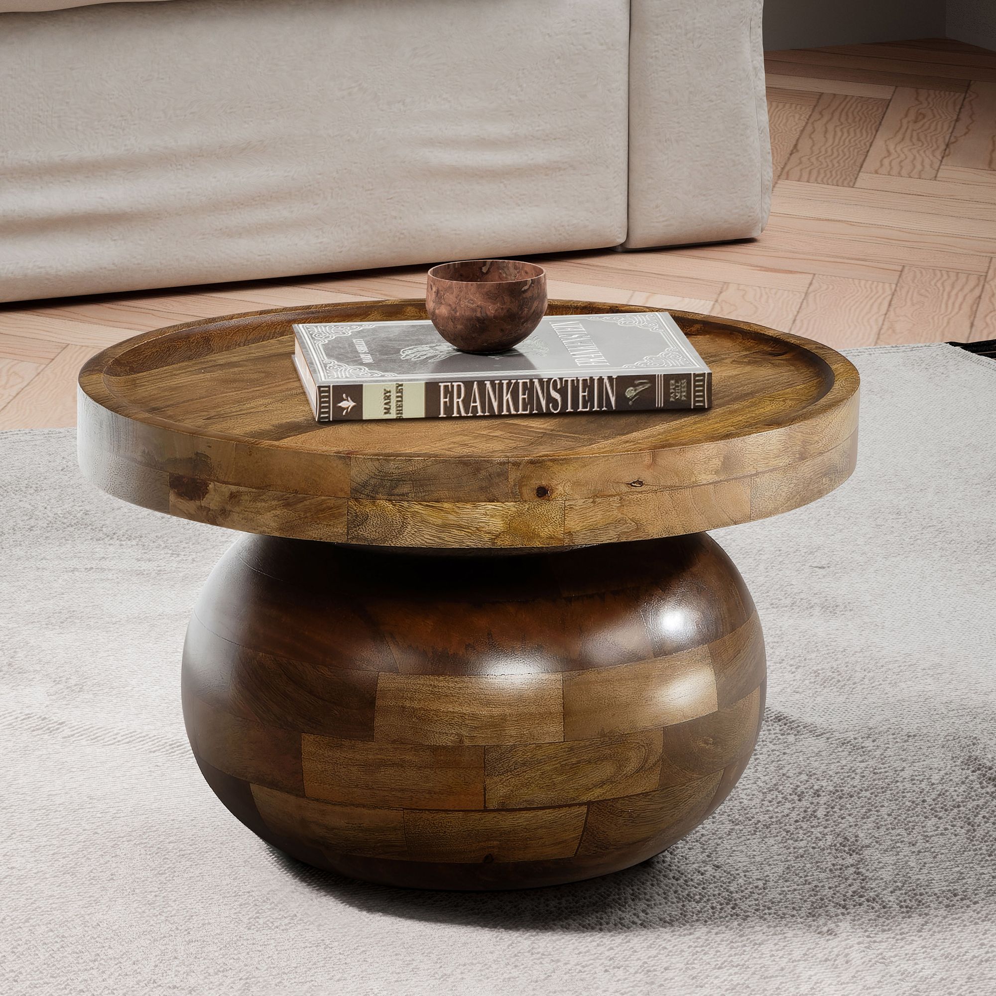 Couchtisch FineBuy Mango Sofatisch Massivholz Braun 50 cm Wohnzimmertisch Rund 