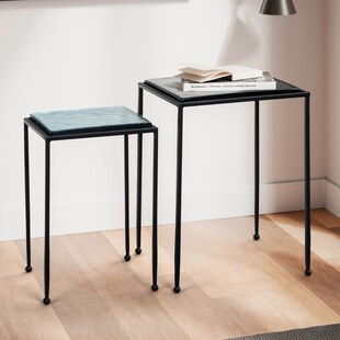 Beistelltisch FineBuy Wohnzimmertisch 2er Set Glas Satztisch Metall Quadratisch 