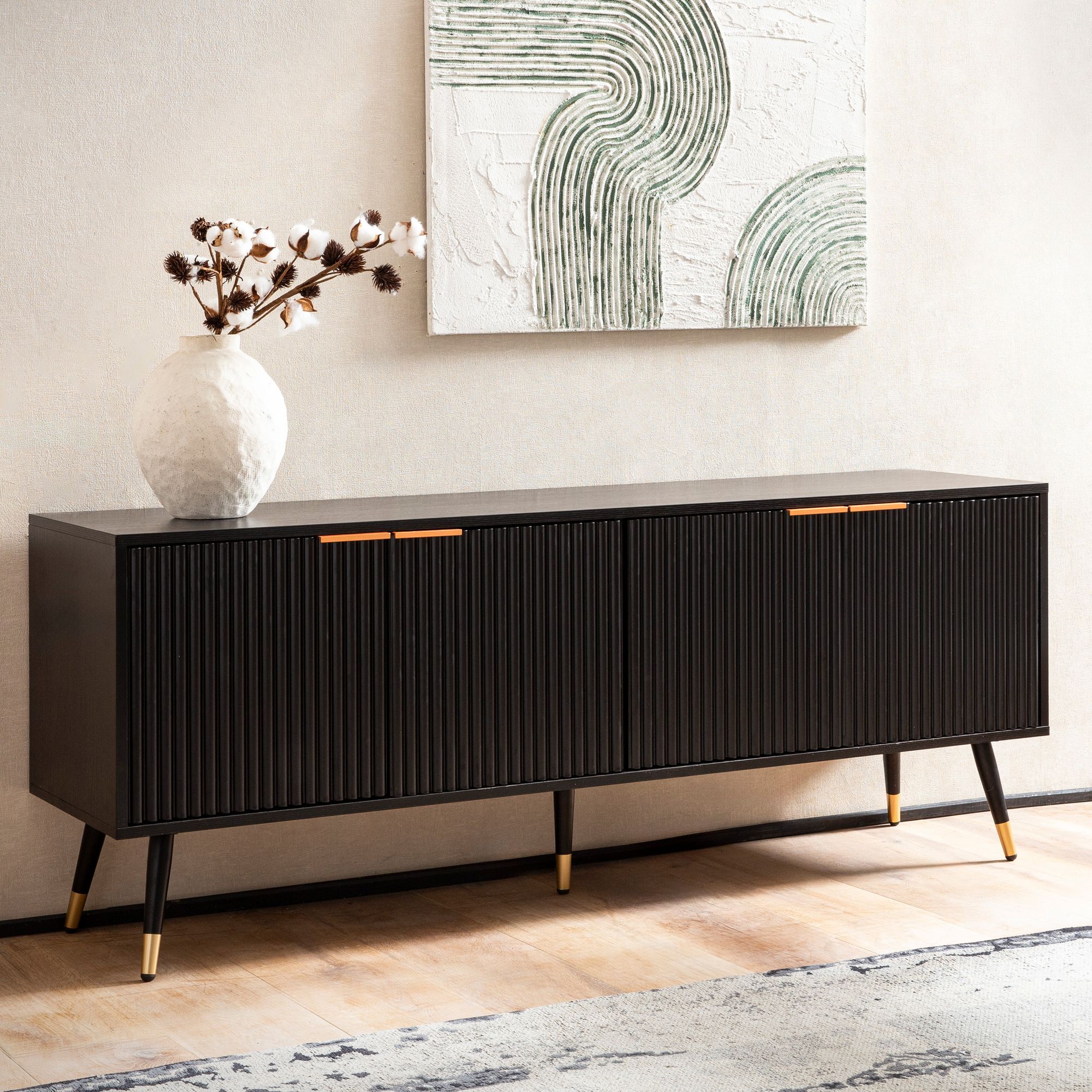 Lowboard FineBuy TV Schrank 150 cm Schwarz T&uuml;ren Fernsehkommode Eiche Modern 