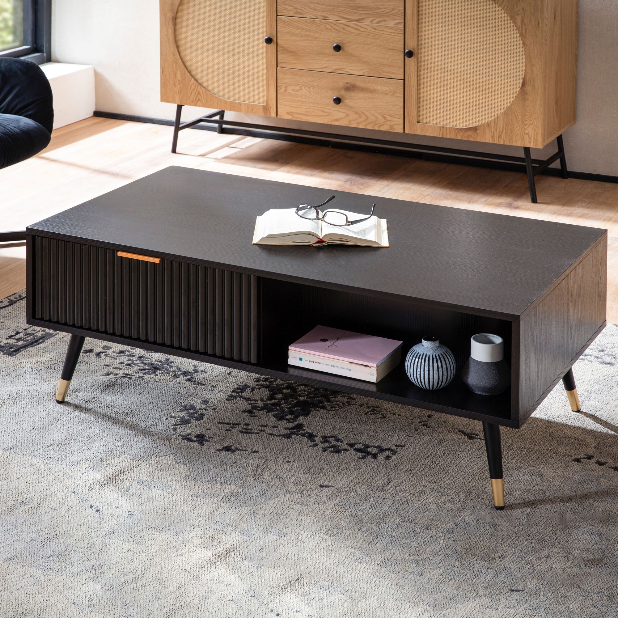 Couchtisch FineBuy Sofatisch 110x60 cm Schwarz Eiche Wohnzimmertisch Stauraum 