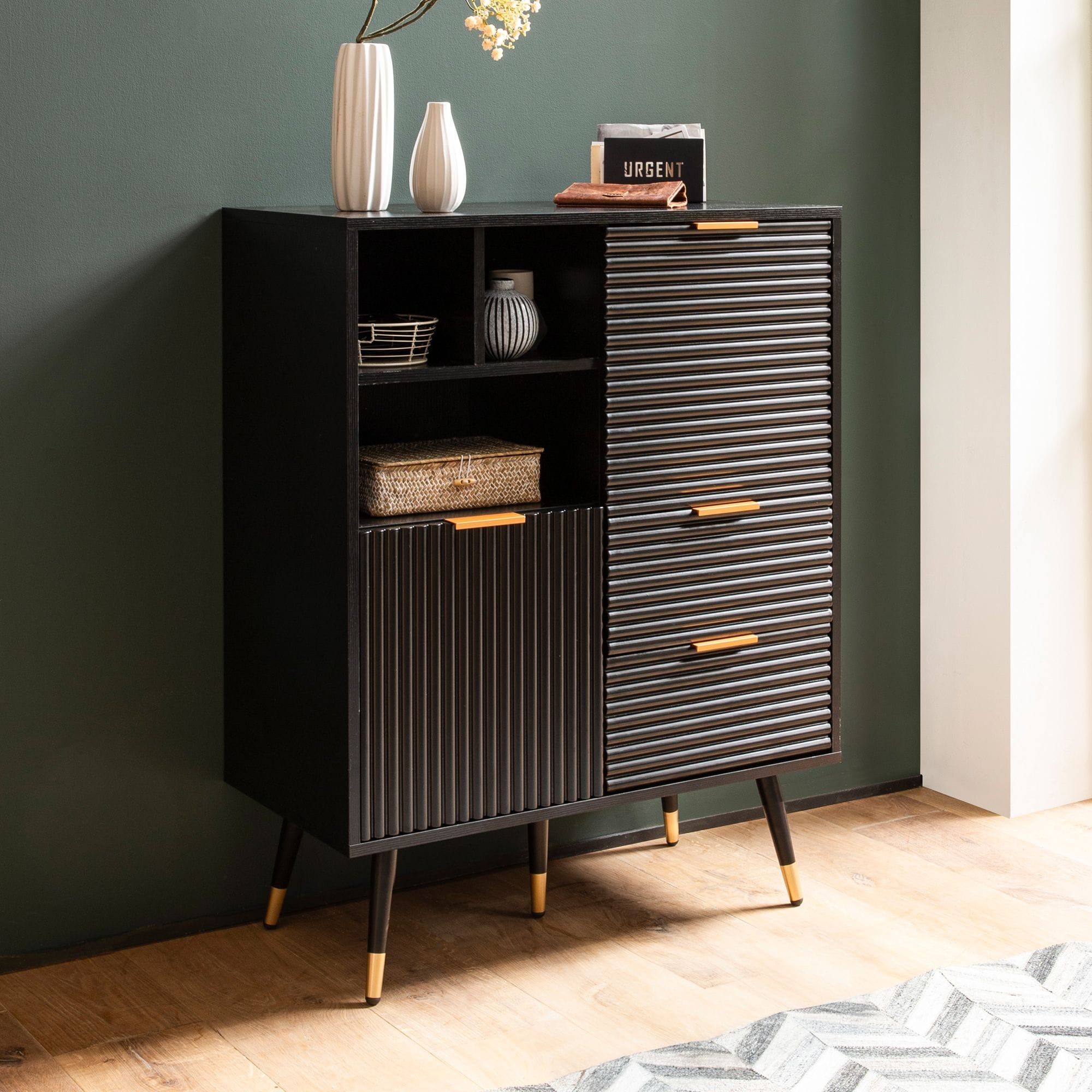 Kommode 77 cm in MDF Eiche Schwarz Dekor mit 2 Schubladen / 2 T&uuml;ren und Ablage Design Sideboard Schrank 