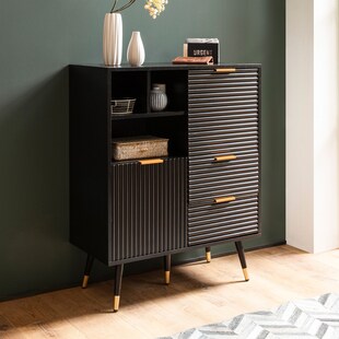 Kommode 77 cm in MDF Eiche Schwarz Dekor mit 2 Schubladen / 2 Türen und Ablage Design Sideboard Schrank 