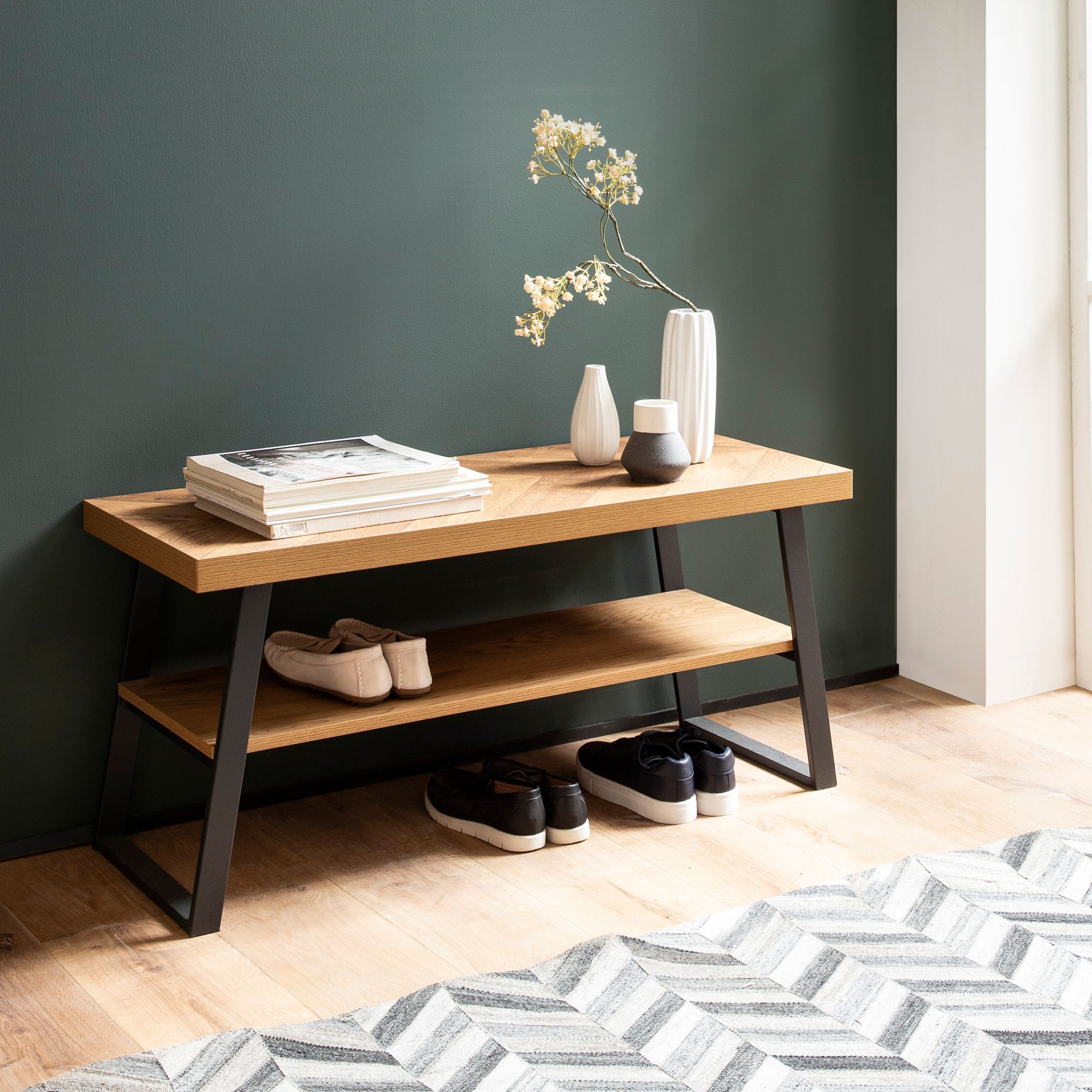 Schuhbank FineBuy 100 cm Garderobenbank Eiche Fischgr&auml;t Dekor Flur Schuhregal 