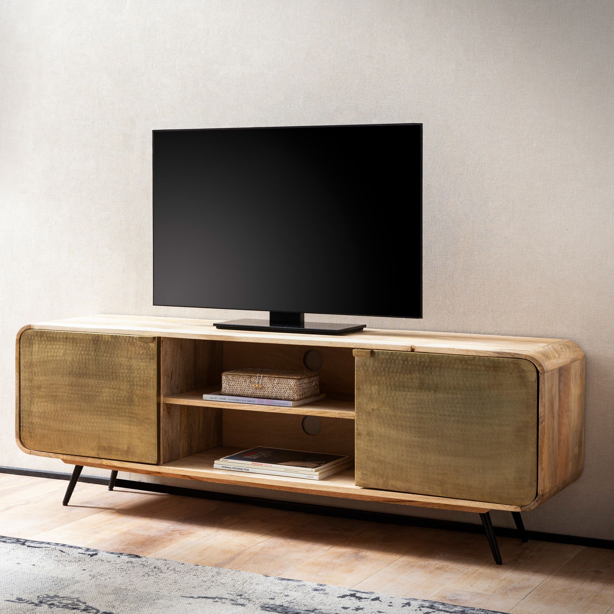 Massivholz TV-Board 160cm Kommode Mango mit goldener Hammerschlag Front Lowboard Fernsehschrank 