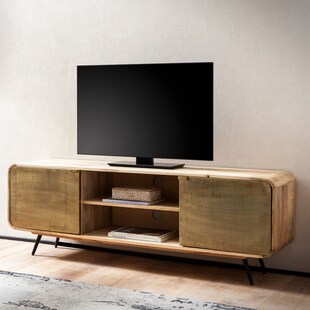 Massivholz TV-Board 160cm Kommode Mango mit goldener Hammerschlag Front Lowboard Fernsehschrank 