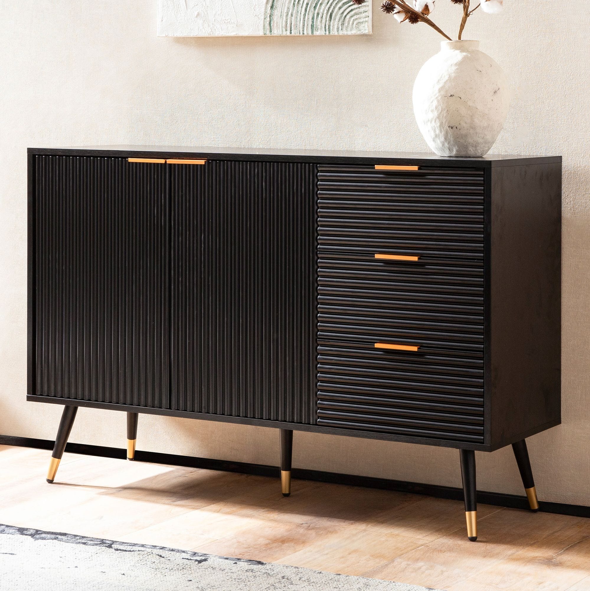 Sideboard 120cm Kommode mit 2 T&uuml;ren & 3 Schubladen in MDF Eiche Schwarz Dekor 
