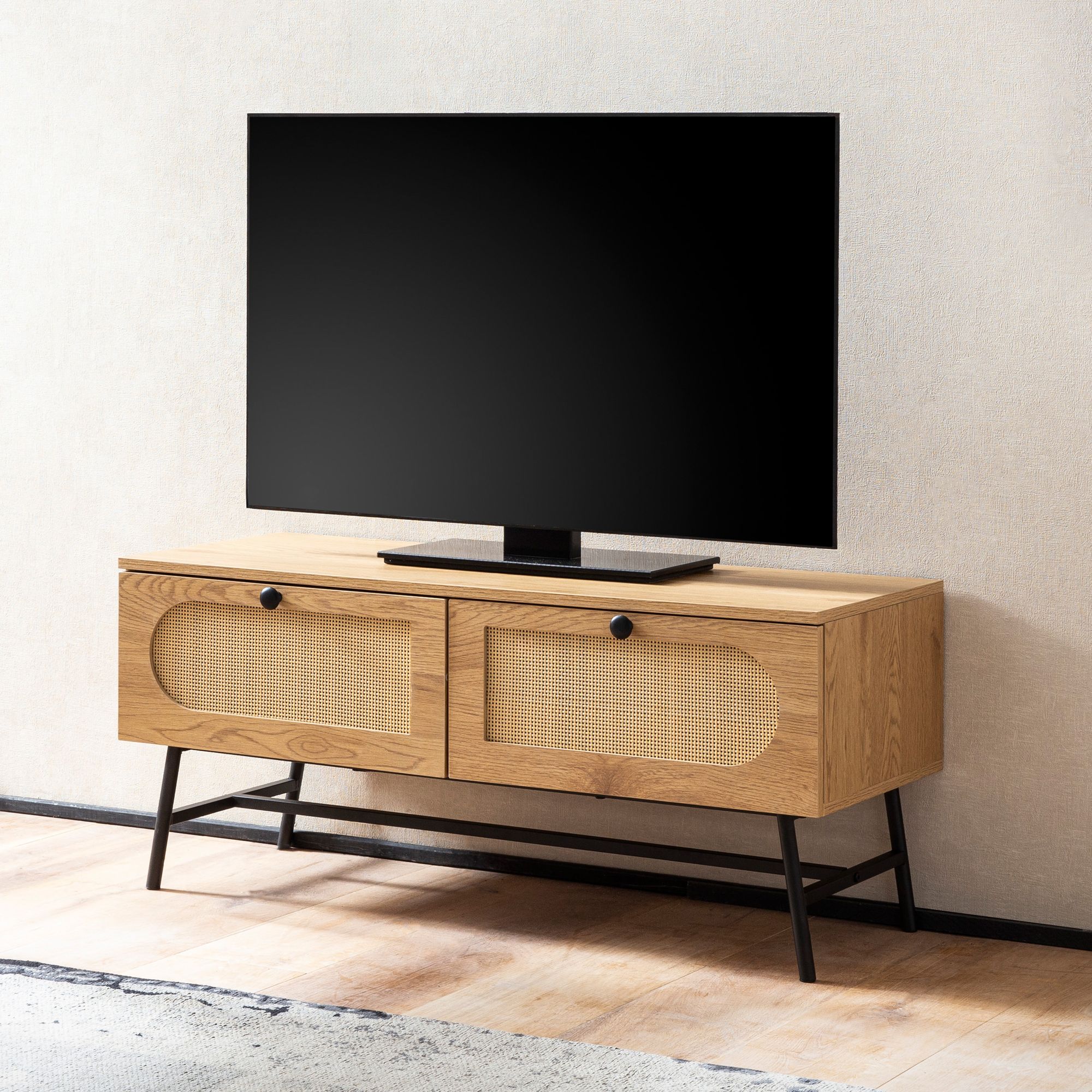 TV-Board 100cm MDF Eiche Dekor 2 Schubladen Wiener Geflecht Ratten Fernsehschrank Lowboard 