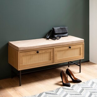 Schuhbank FineBuy Flurbank 100 cm Sitzbank Rattan Schuhregal Eiche Schubladen 