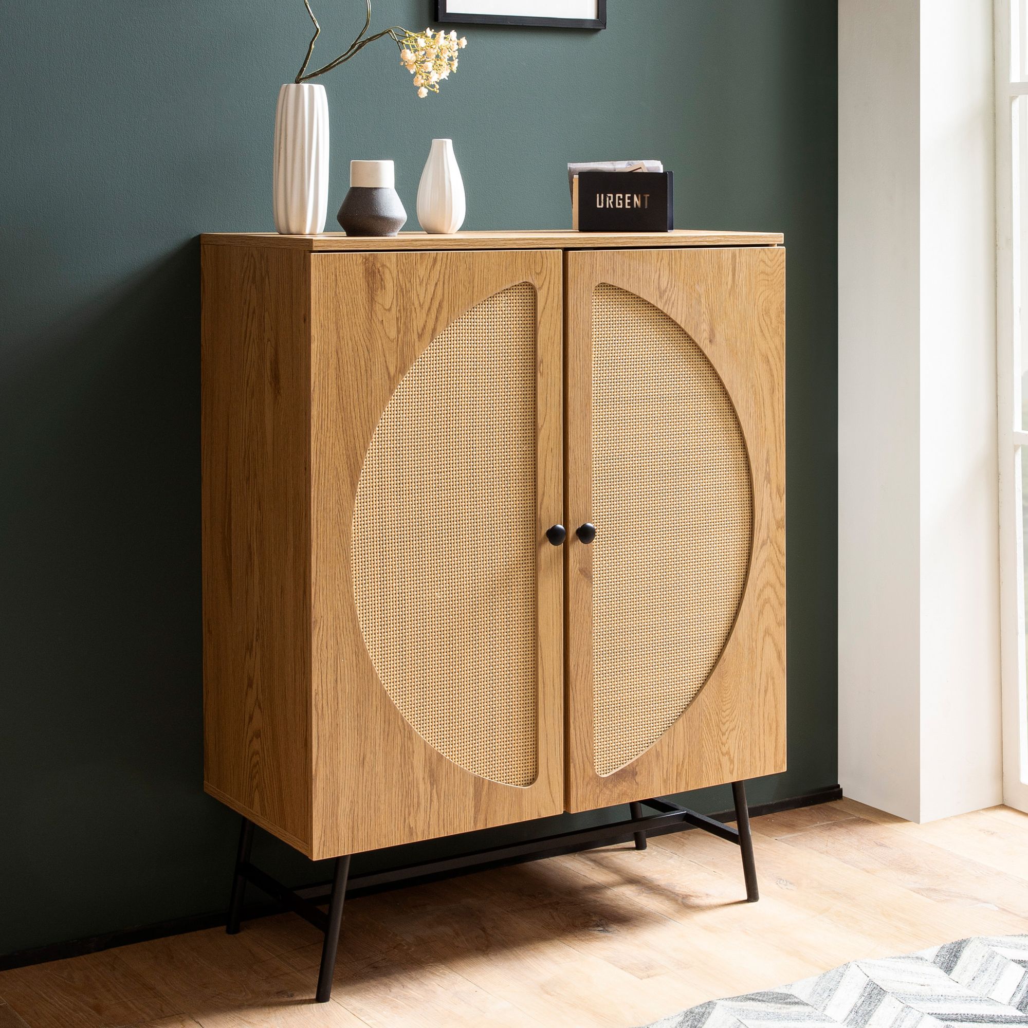 Kommode in Eiche Dekor 80 cm Sideboard mit 2 T&uuml;ren aus Wiener Rattan Geflecht Design Highboard 