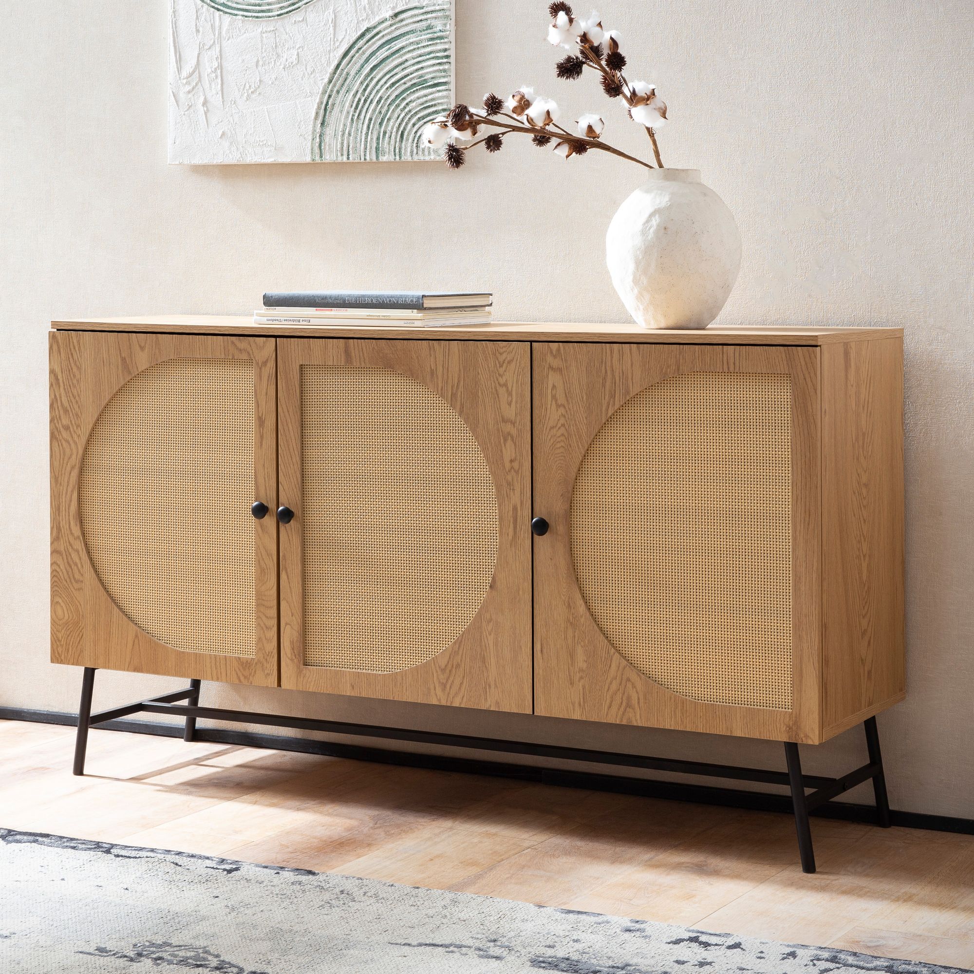 Sideboard 140cm MDF Eiche Dekor mit 3 T&uuml;ren in Ratten Wiener Geflecht Design Kommode mit Metall Schwarz 