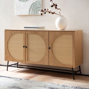 Sideboard 140cm MDF Eiche Dekor mit 3 Türen in Ratten Wiener Geflecht Design Kommode mit Metall Schwarz 