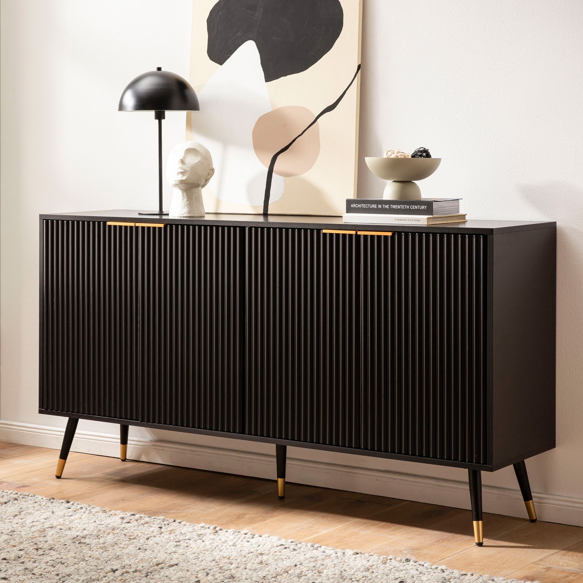 Sideboard 150cm MDF Eiche Schwarz Dekor Kommode mit 4 T&uuml;ren edles Design 