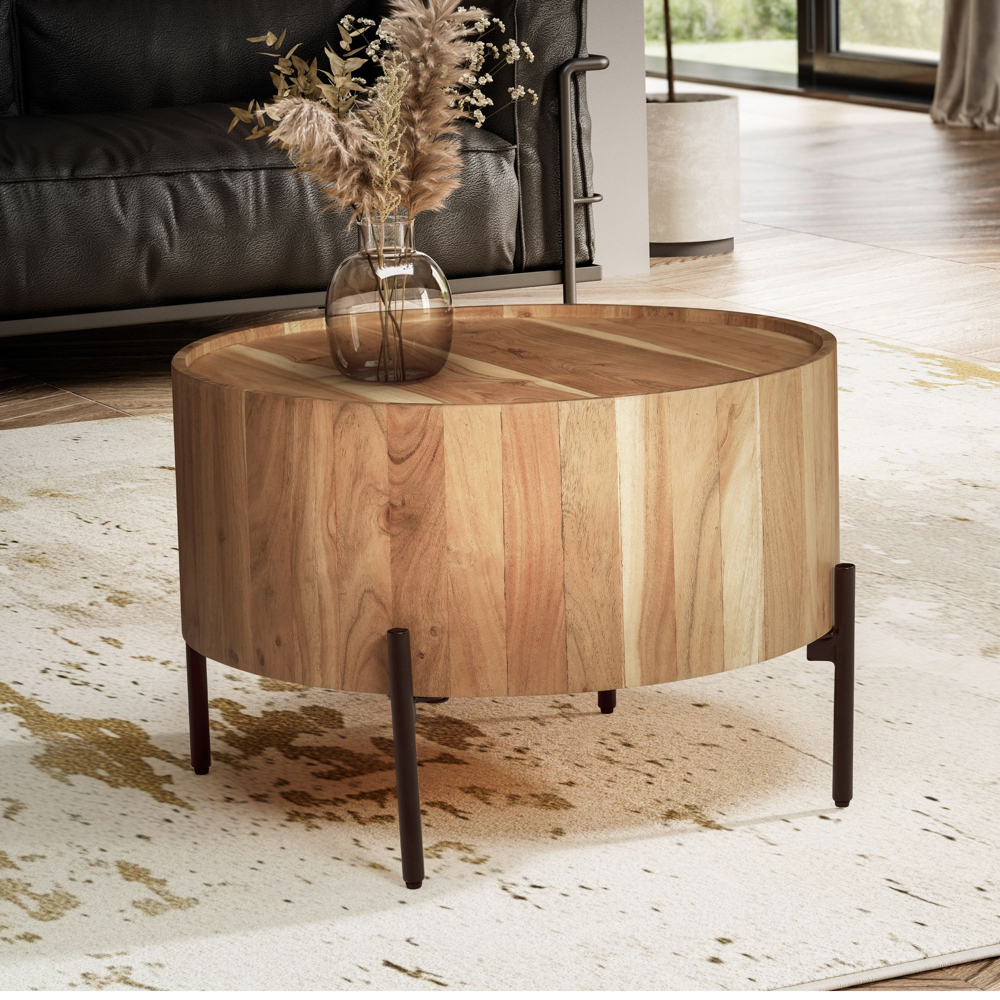 FineBuy Couchtisch Akazie Massivholz rund 60 cm &middot; Wohnzimmertisch in Trommelform 