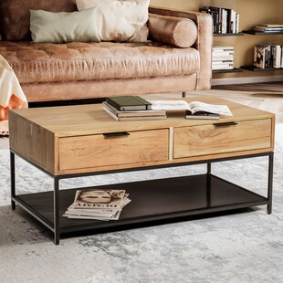 Couchtisch FineBuy Sofatisch 90 cm Massivholz Schubladen Wohnzimmertisch Tisch 