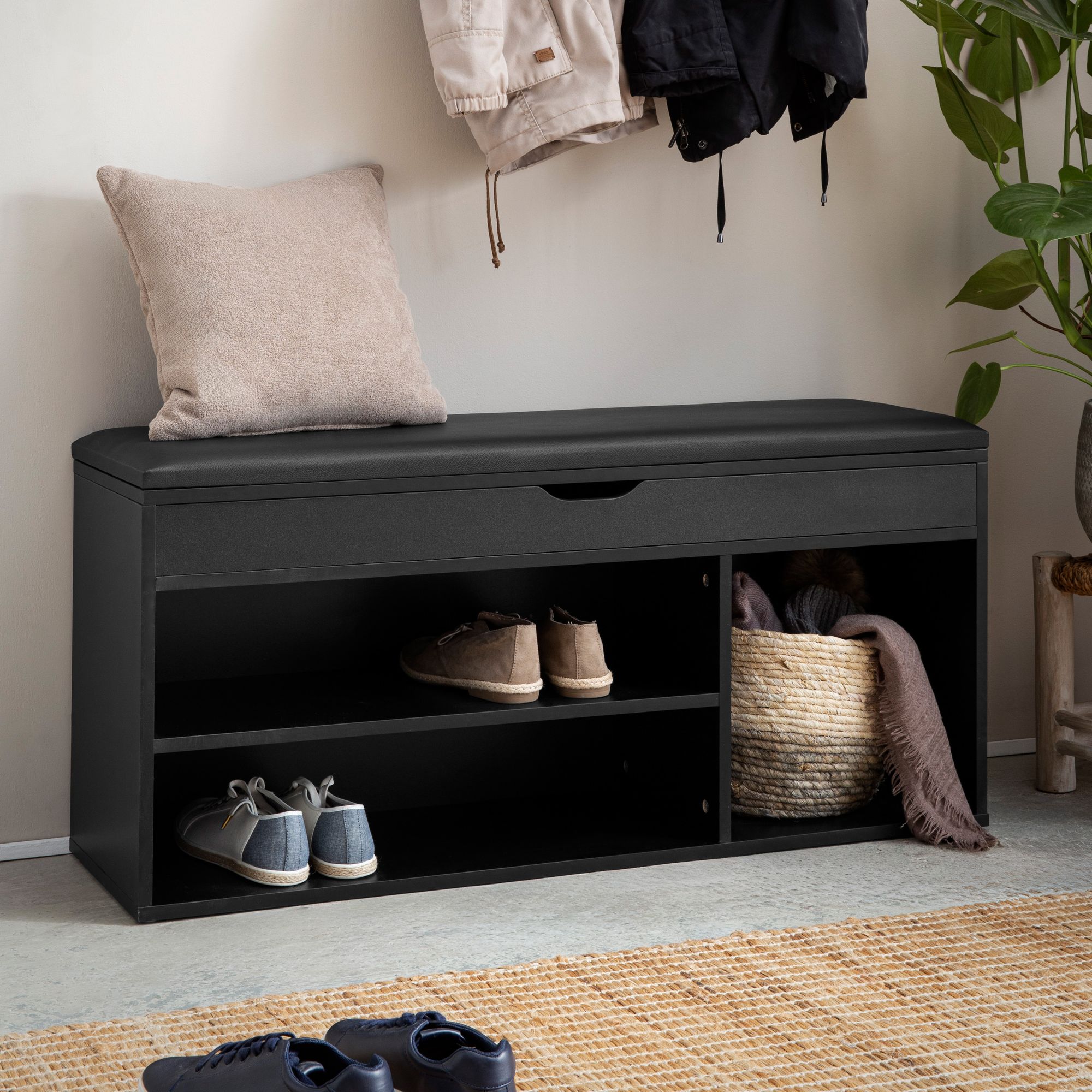 Schuhbank FineBuy Garderobenbank 104 cm Sitzbank Kunstleder Flurbank Schwarz 