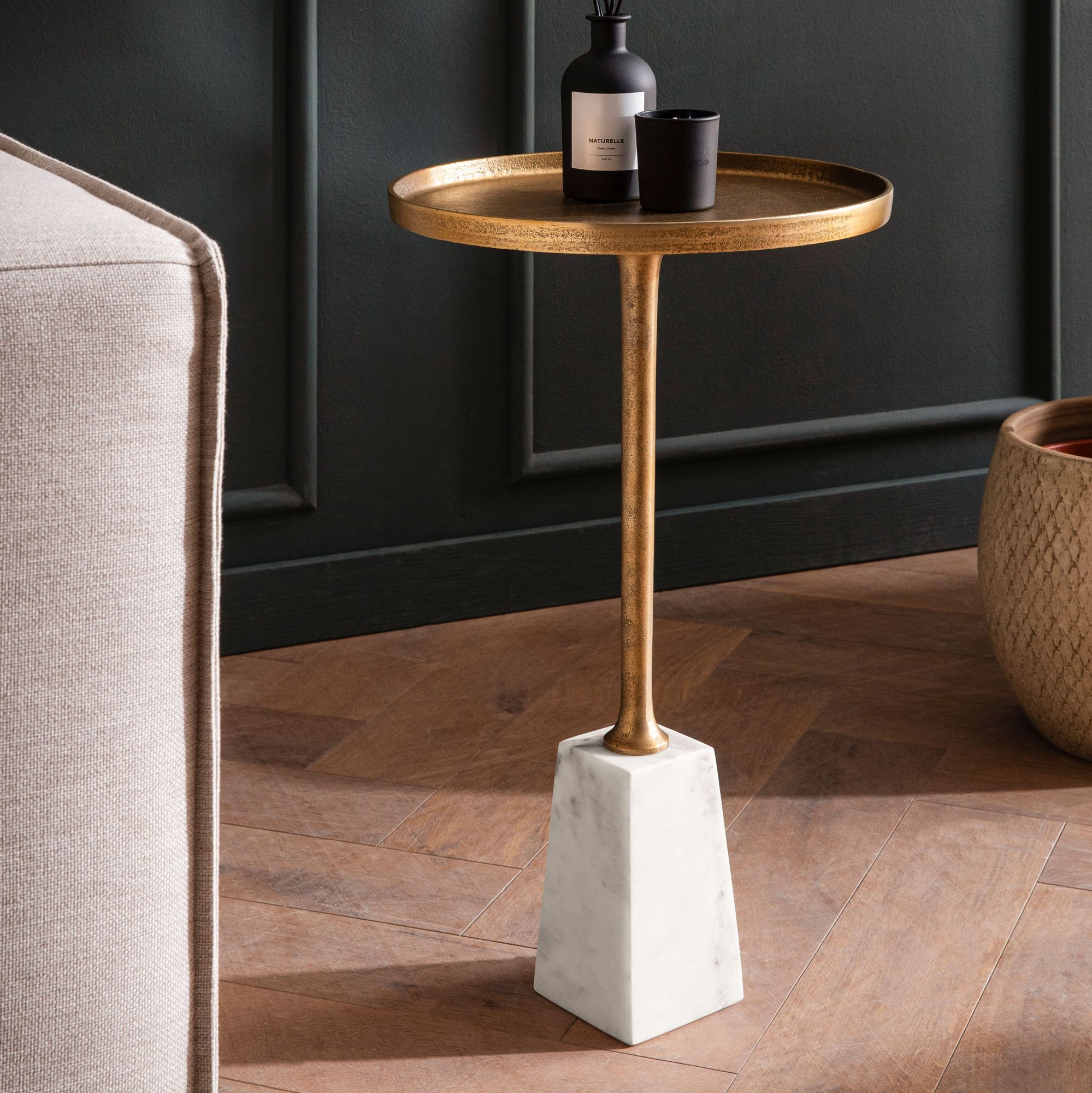 Beistelltisch FineBuy Echter Marmor &Oslash; 34 cm Anstelltisch Wohnzimmertisch Rund 