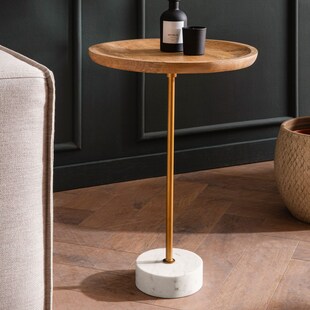 Beistelltisch FineBuy Anstelltisch Massivholz Marmor Ø 40 cm Wohnzimmertisch 