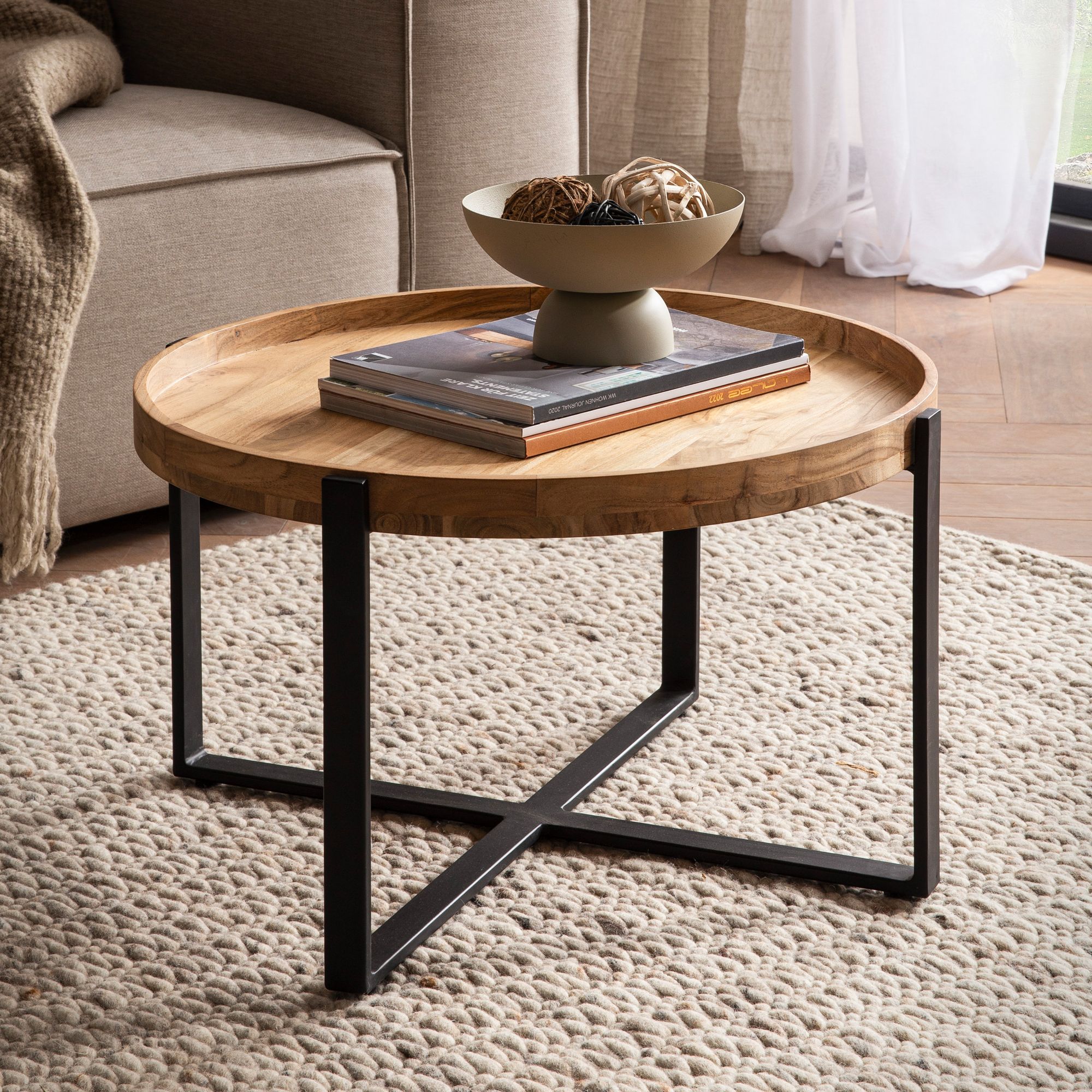 FineBuy Couchtisch Akazie Massivholz rund 60cm Wohnzimmertisch Kreuzgestell 