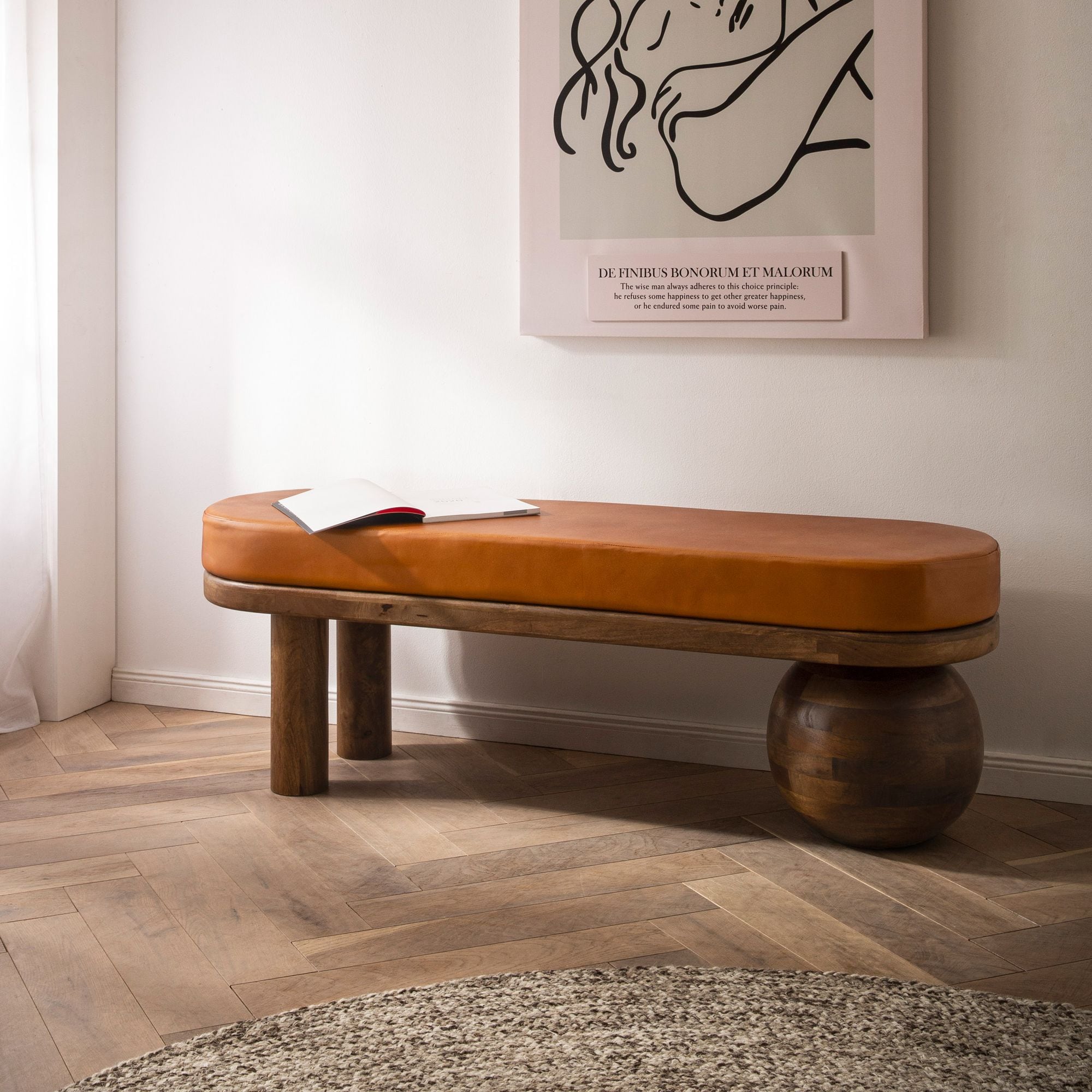 Sitzbank FineBuy Flurbank Echtleder Holz Massiv 140 cm Polsterbank Bank Braun 