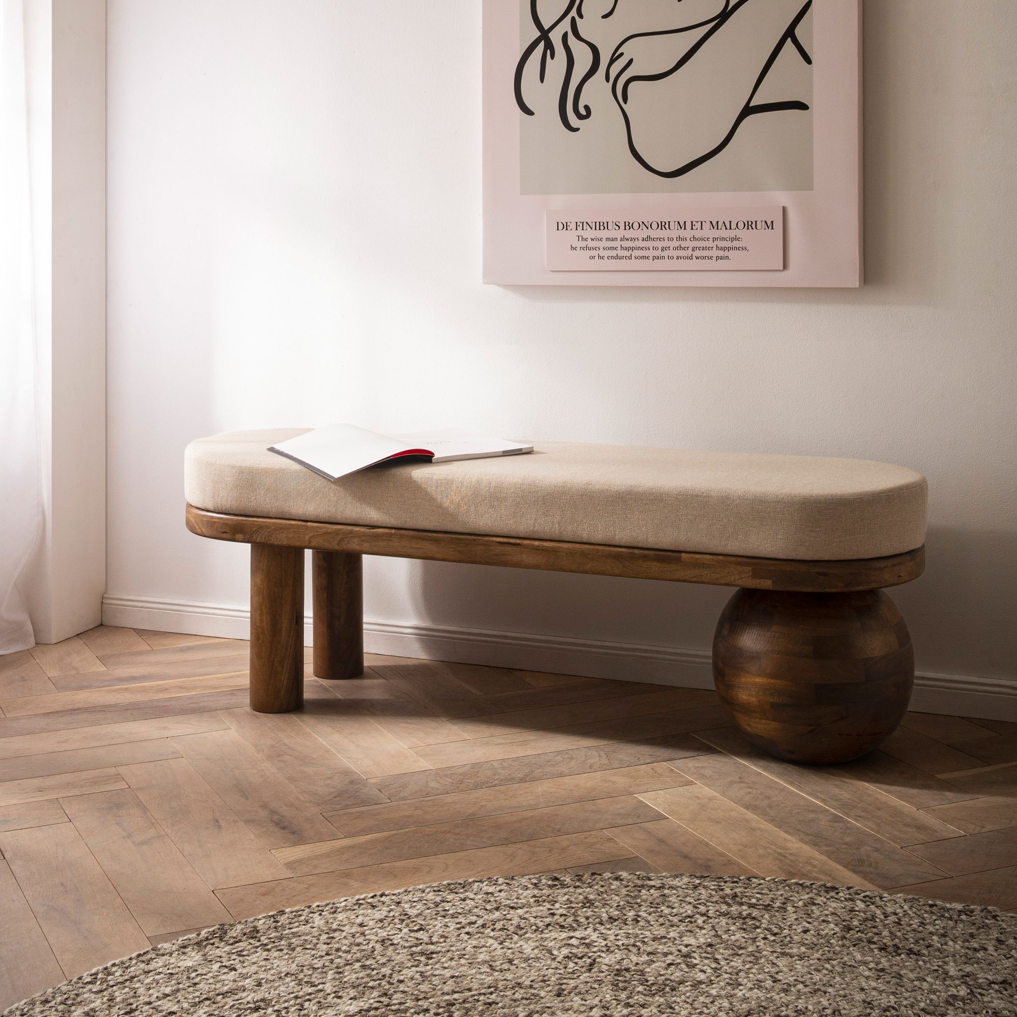 Sitzbank FineBuy Flurbank Stoff Holz Massiv 140 cm Polsterbank Bank Beige Modern 