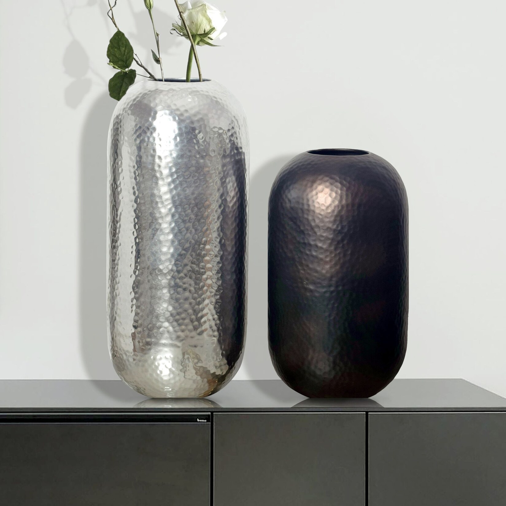 Vase 2er Set FineBuy Blumenvase Aluminium Hammerschlag Tischvase Modern Rund