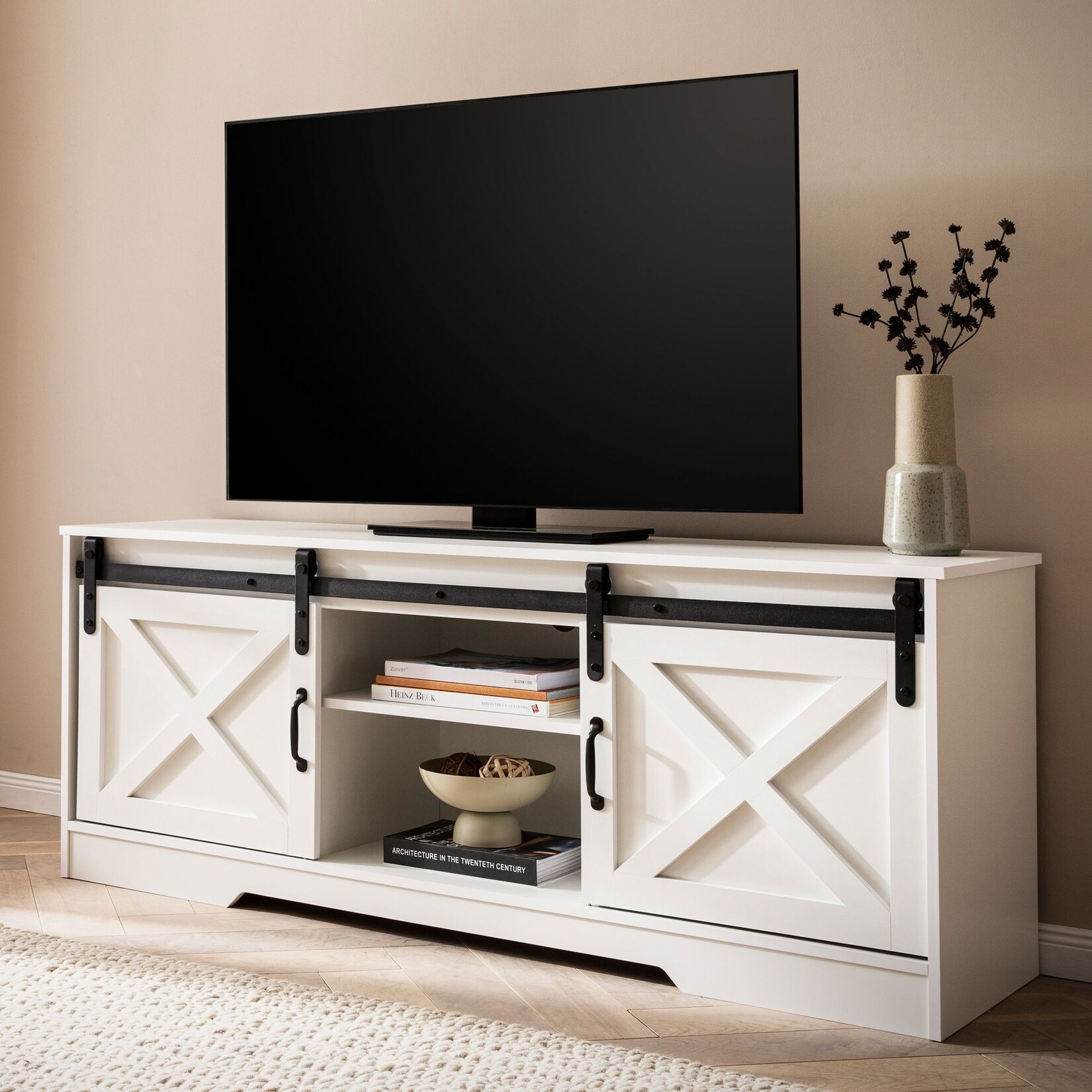 Lowboard FineBuy Fernsehkommode 150 cm TV Schrank Fernsehschrank Weiß Landhaus