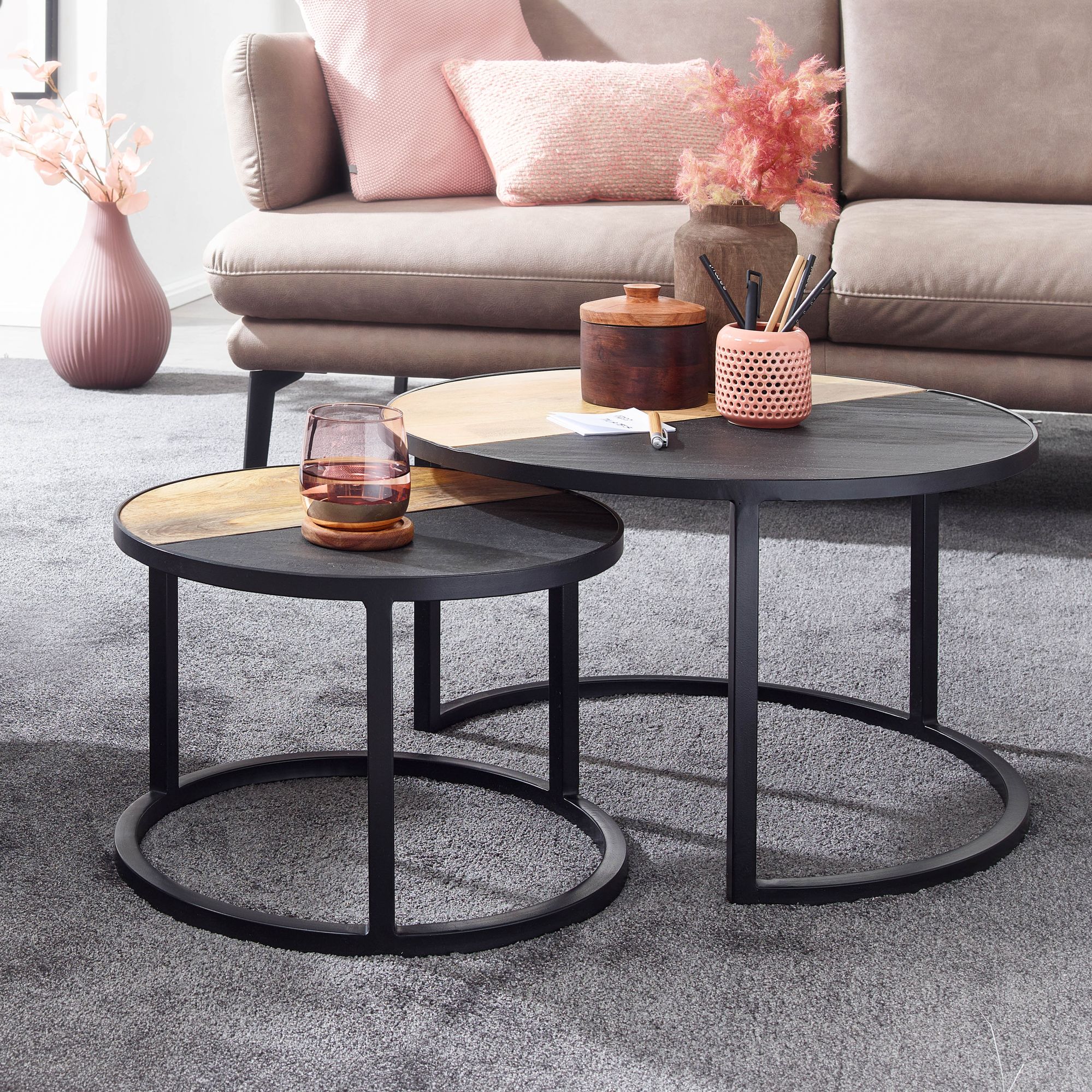 Couchtisch FineBuy Wohnzimmertisch 2 teilig Massivholz Rund Beistelltisch Tisch 