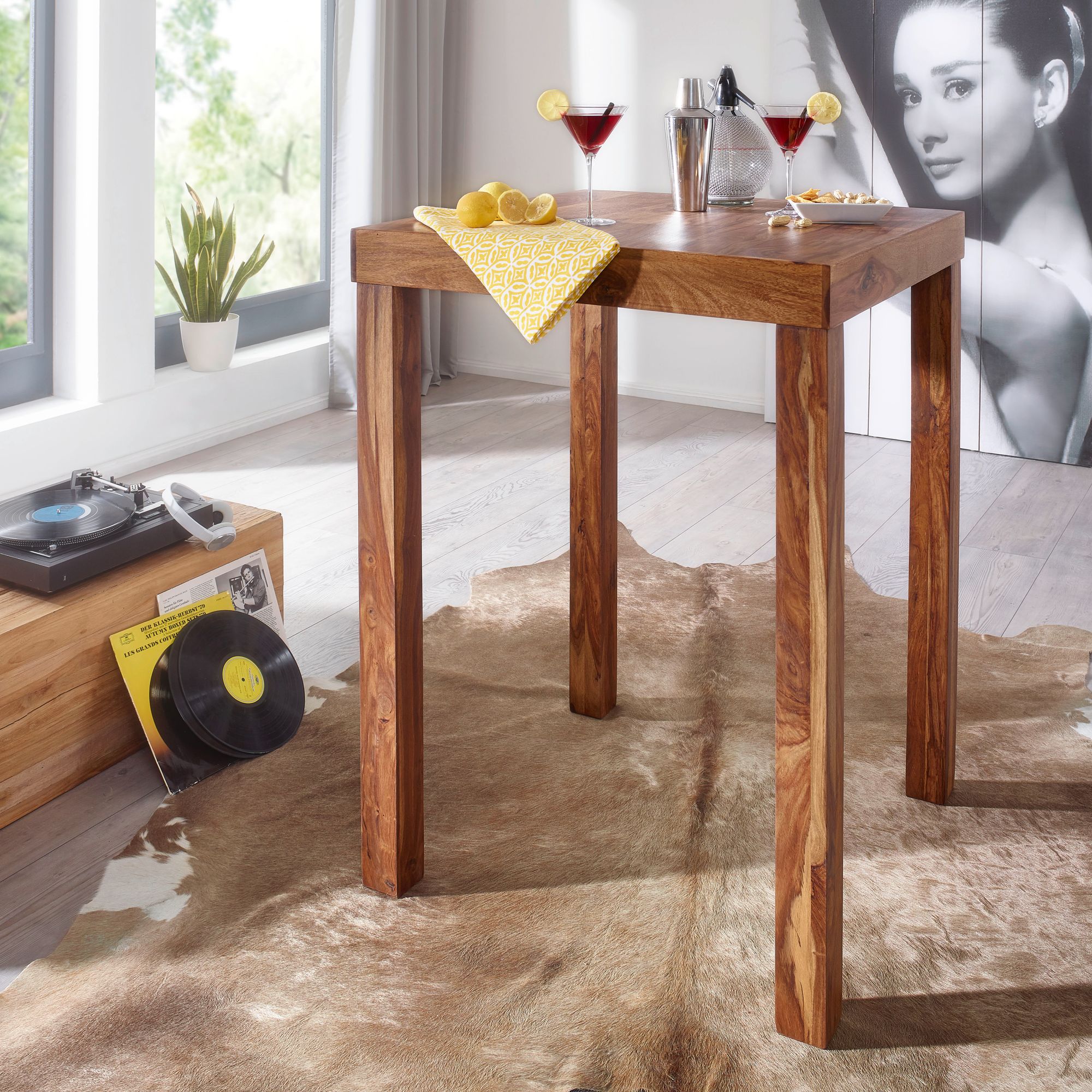 FineBuy Bartisch Massivholz Sheesham 80x80x110cm Stehtisch Bistrotisch Tisch 