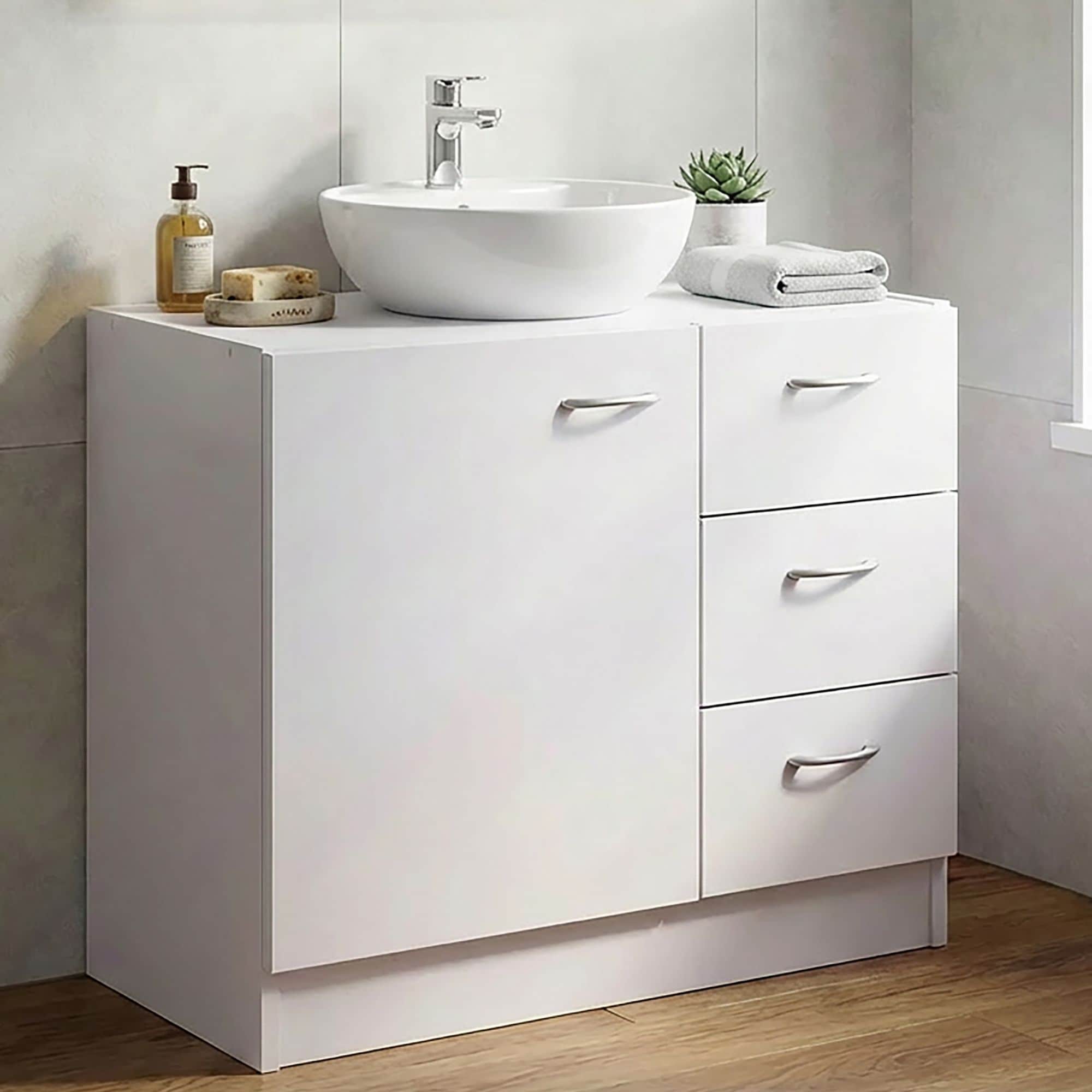FineBuy Bad Waschbecken Unterschrank 54 x 63 x 30 cm 1 T&uuml;r 3 Schubladen wei&szlig; 