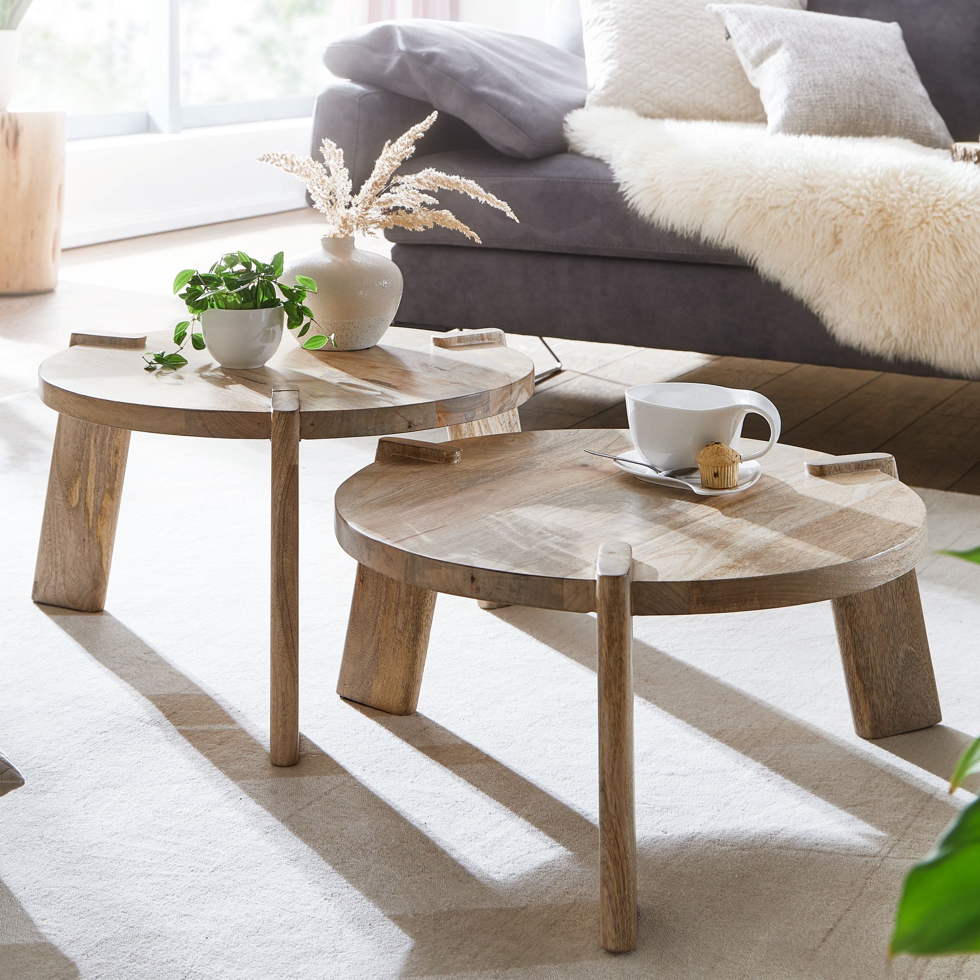 Couchtisch Set 2er Massivholz rund Wohnzimmertisch Beistelltisch Satztische 
